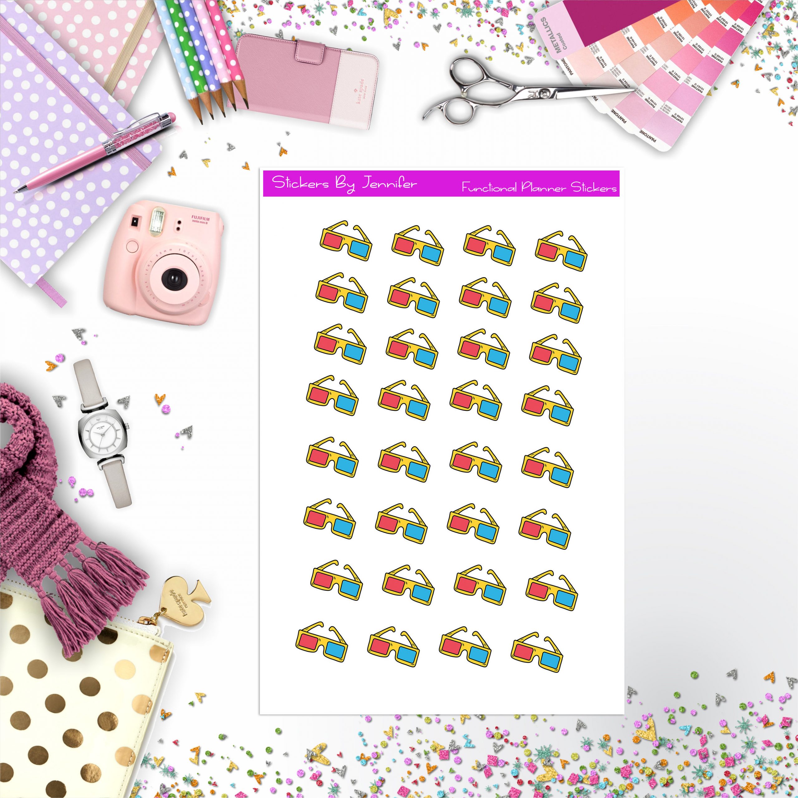 3D Glasses Stickers, Planner Stickers, Journal Stickers, Functional Planner Stickers, Stationary Stickers