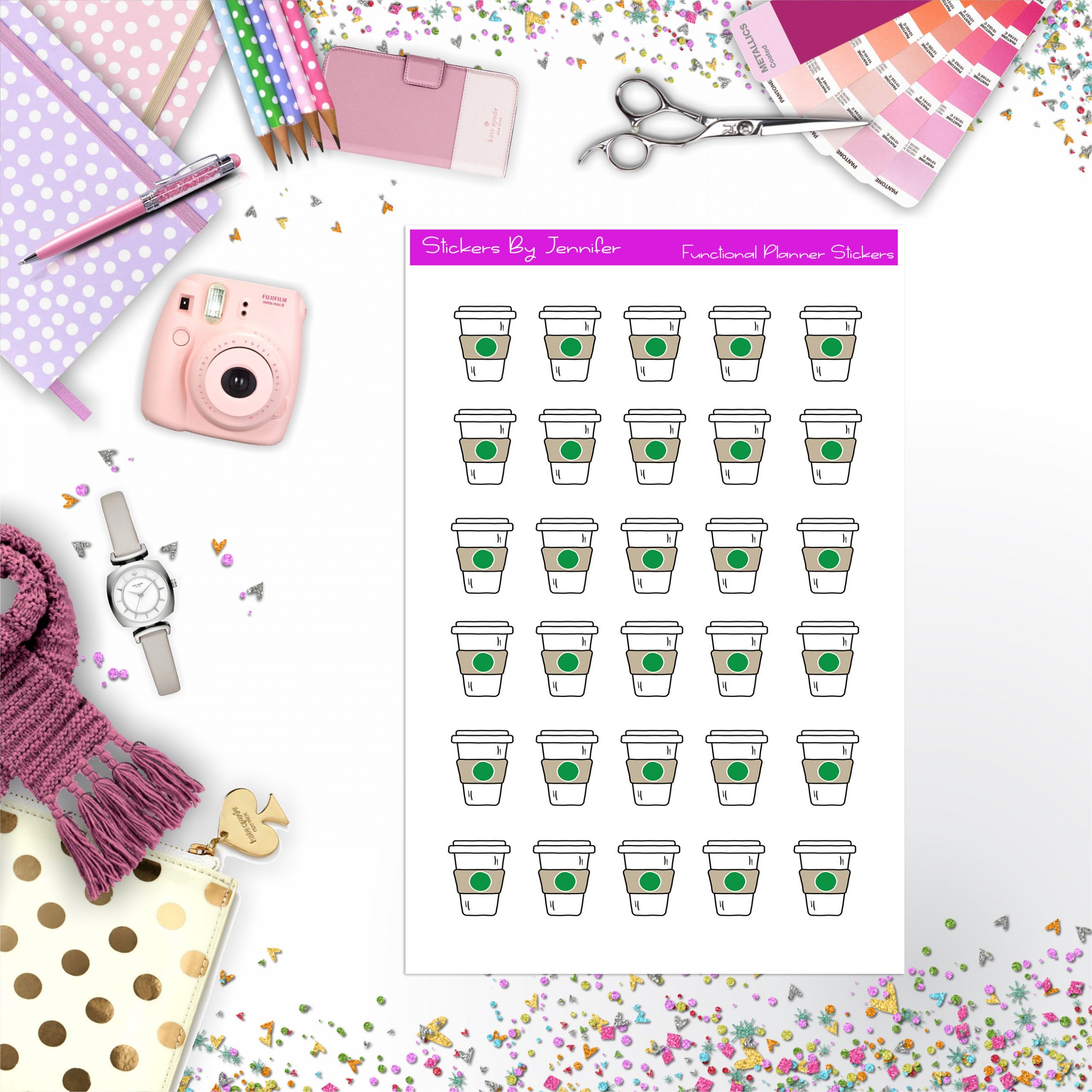 Coffee Cup Stickers, Planner Stickers, Journal Stickers, Functional Planner Stickers, Stationary Stickers