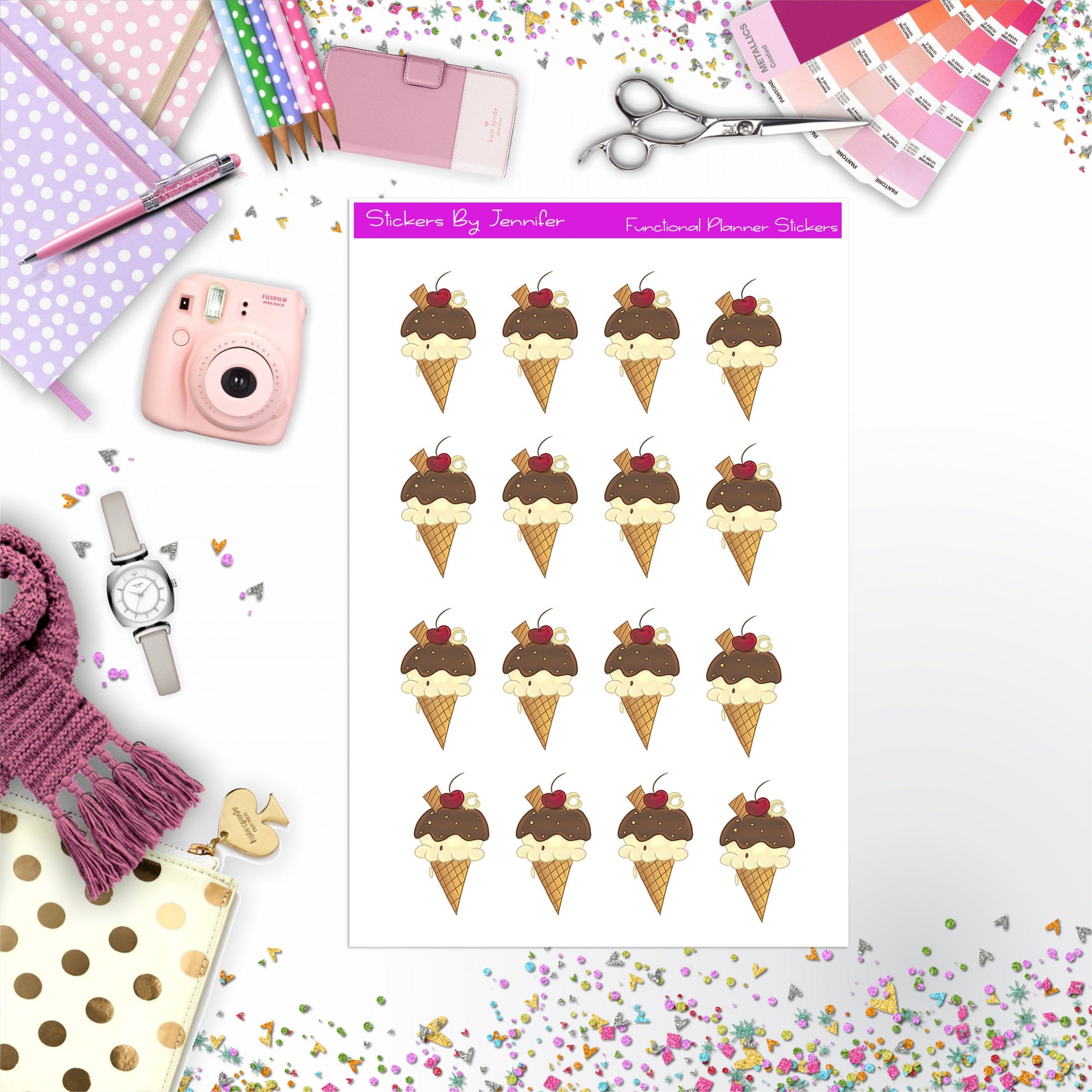 Ice Cream Cone Stickers, Planner Stickers, Journal Stickers, Functional Planner Stickers, Stationary Stickers