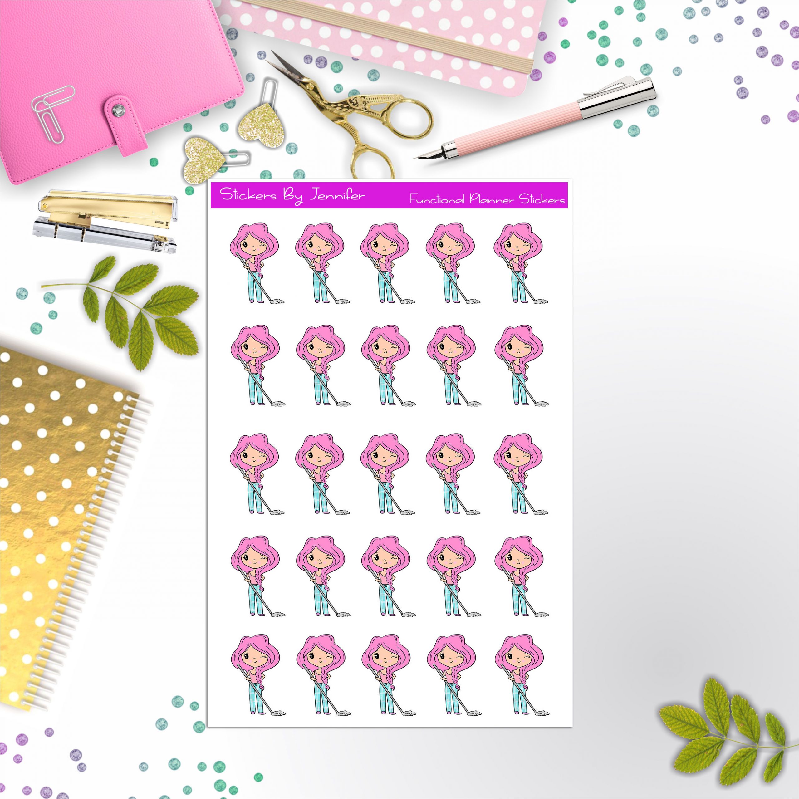 Cleaning Girl Planner Stickers, Bullet Journal Stickers, Functional Planner Stickers, Stationary Stickers