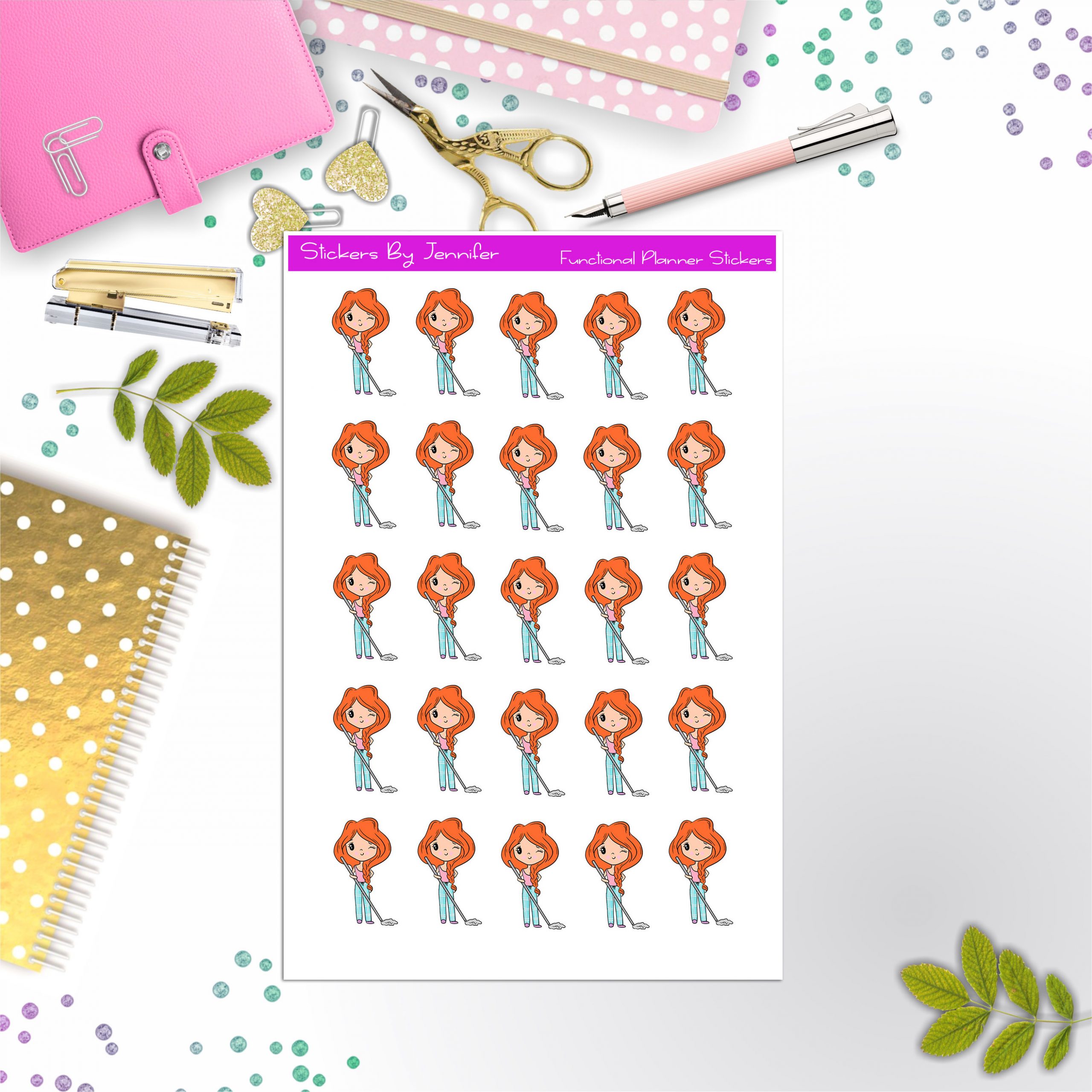 Cleaning Girl Planner Stickers, Bullet Journal Stickers, Functional Planner Stickers, Stationary Stickers