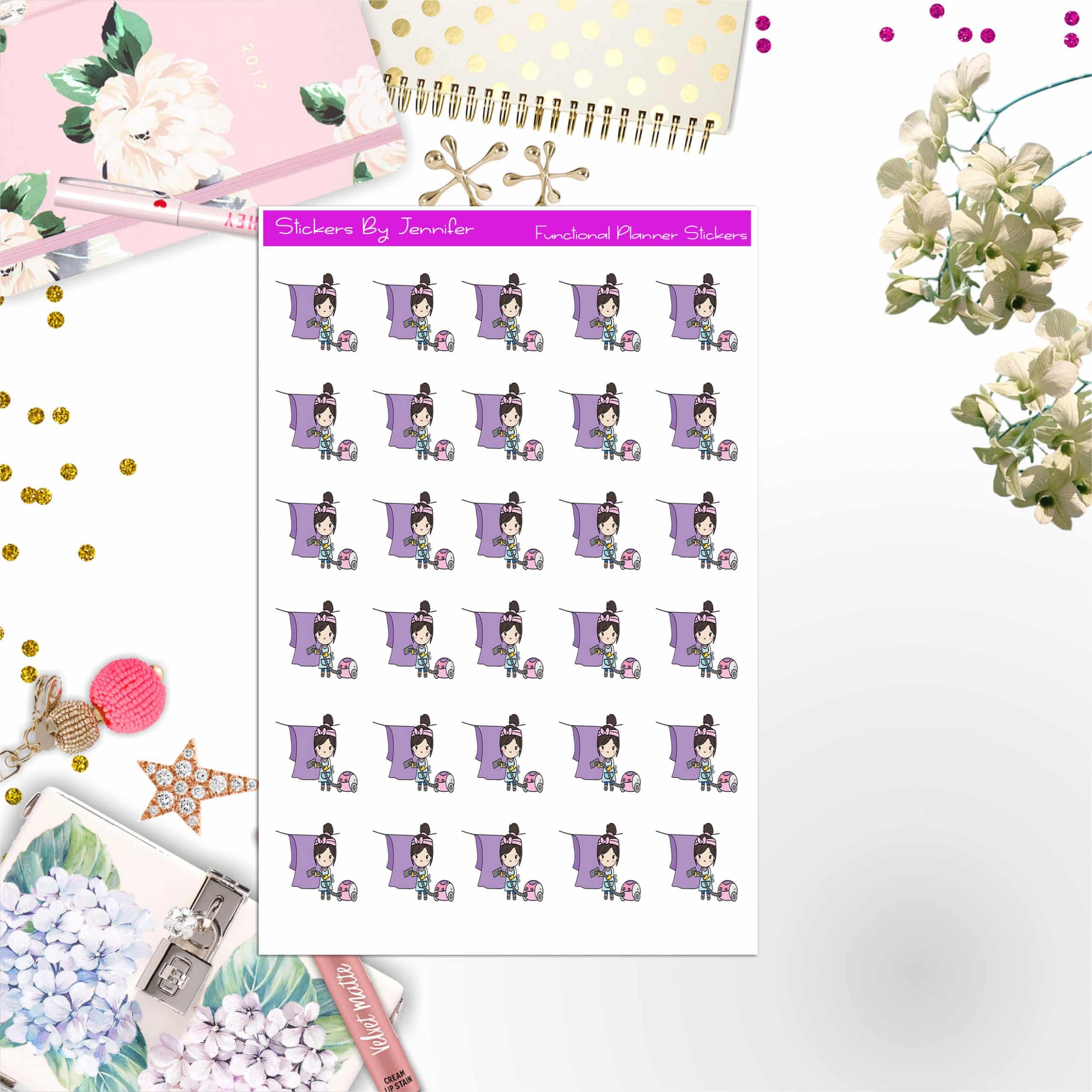 Cleaning Girl Planner Stickers, Bullet Journal Stickers, Functional Planner Stickers, Stationary Stickers