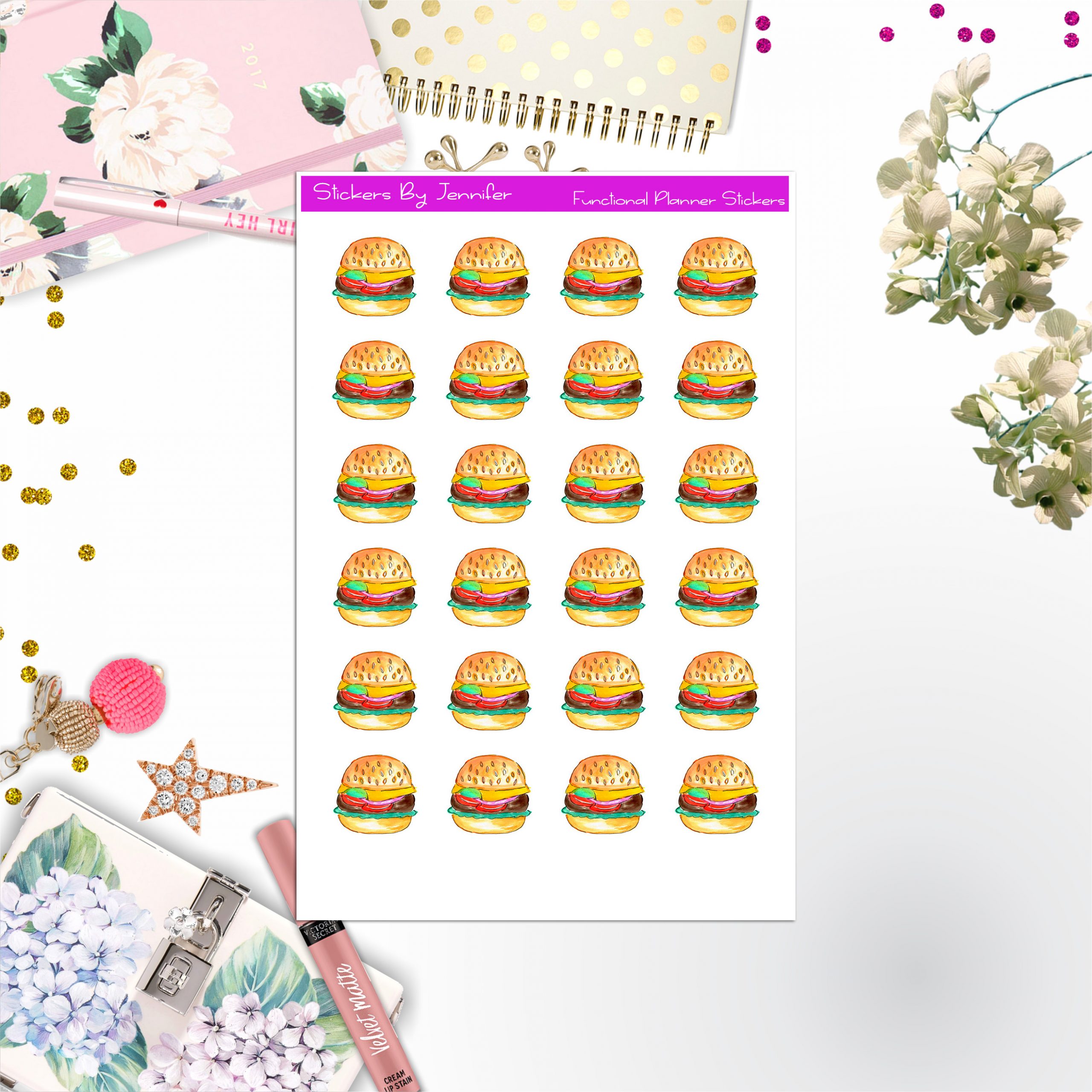 Burger Stickers, Planner Stickers, Journal Stickers, Functional Planner Stickers, Stationary Stickers