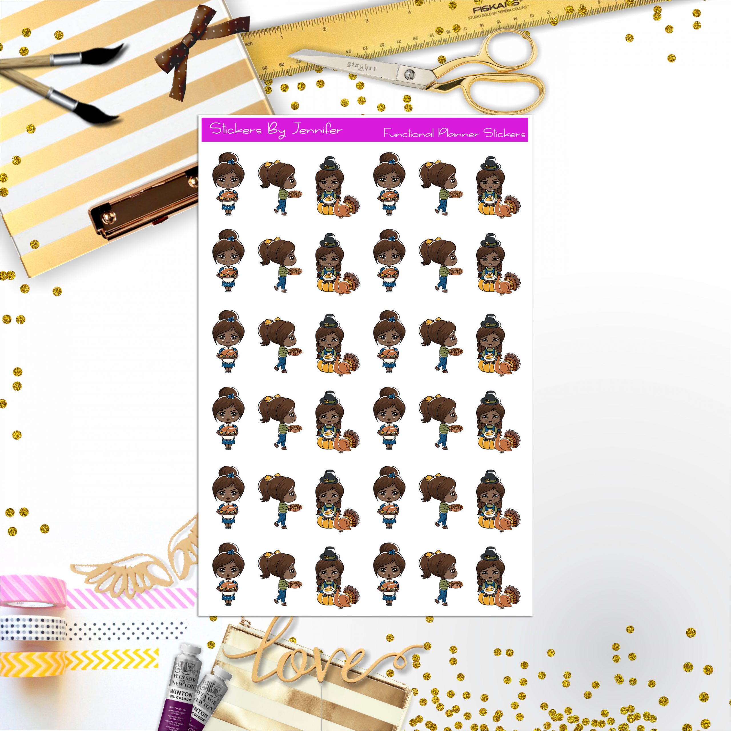 Thanksgiving 007 Character Girl Stickers, Planner Stickers, Journal Stickers, Functional Planner Stickers, Stationary Stickers