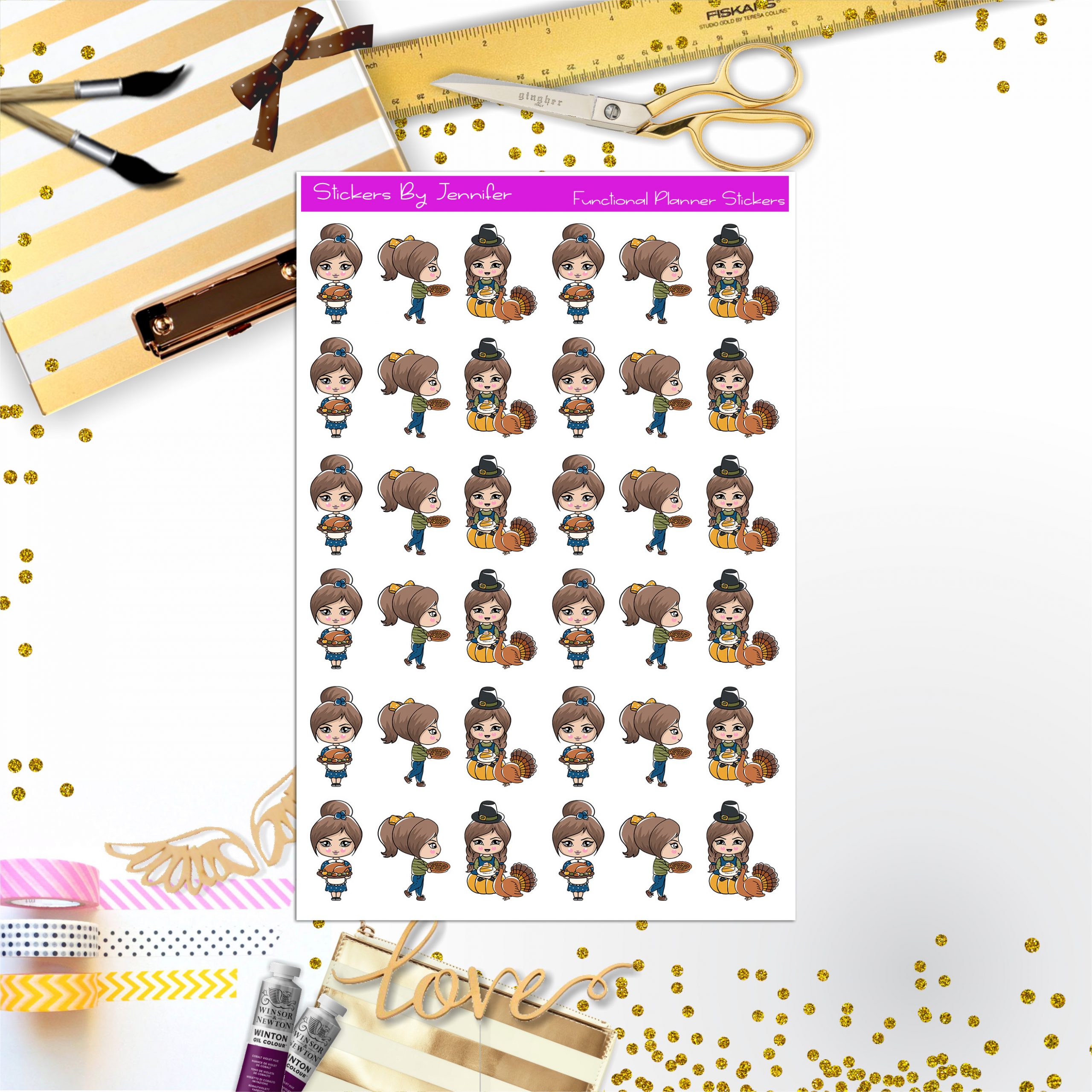 Thanksgiving 009 Character Girl Stickers, Planner Stickers, Journal Stickers, Functional Planner Stickers, Stationary Stickers