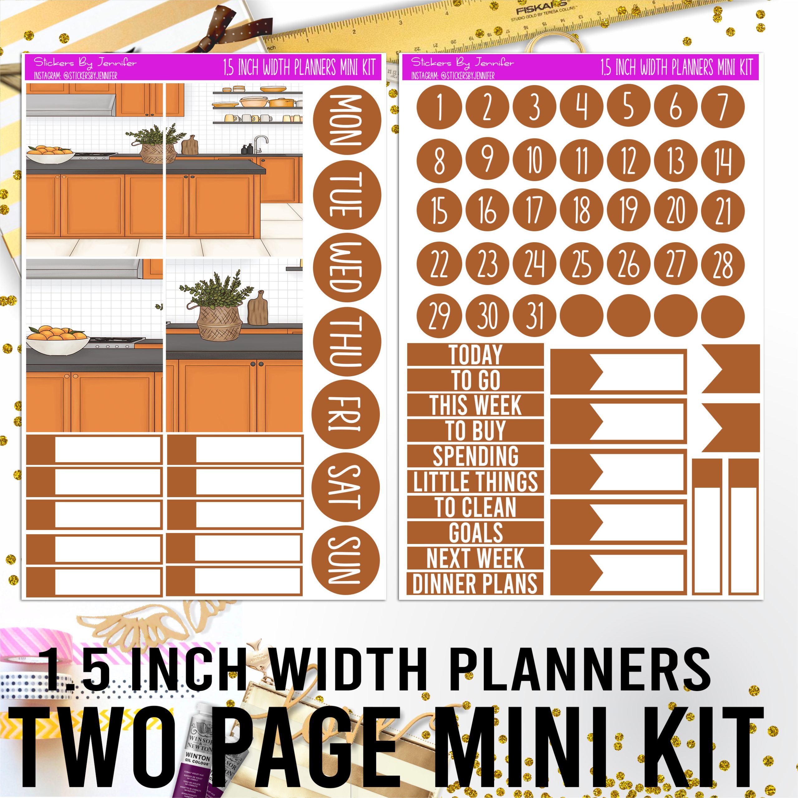 Two Page 1.5 Inch Width Mini Kit 010 Planner Stickers, Bullet Journal Stickers, Functional Planner Stickers, Stationary Stickers