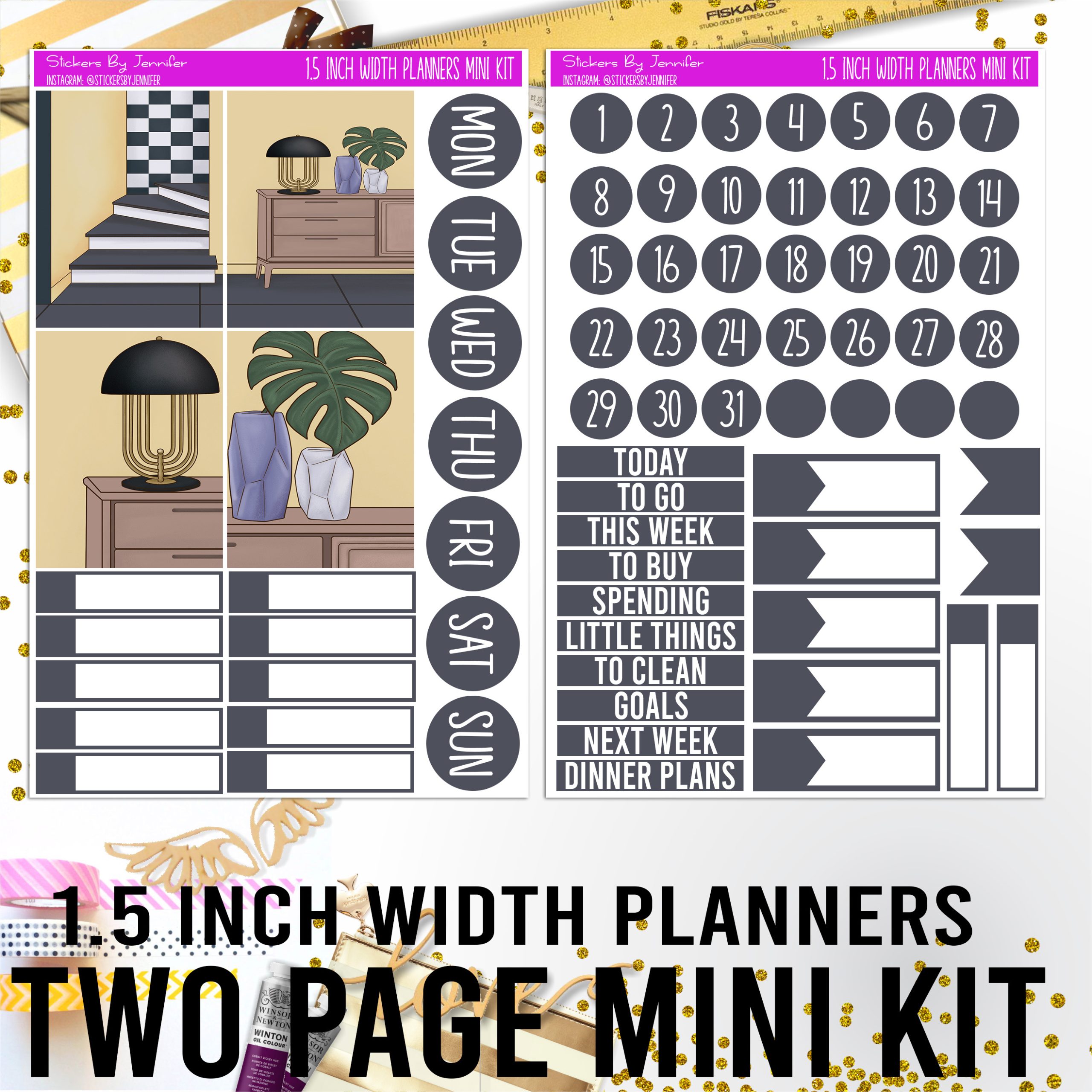 Two Page 1.5 Inch Width Mini Kit 011 Planner Stickers, Bullet Journal Stickers, Functional Planner Stickers, Stationary Stickers
