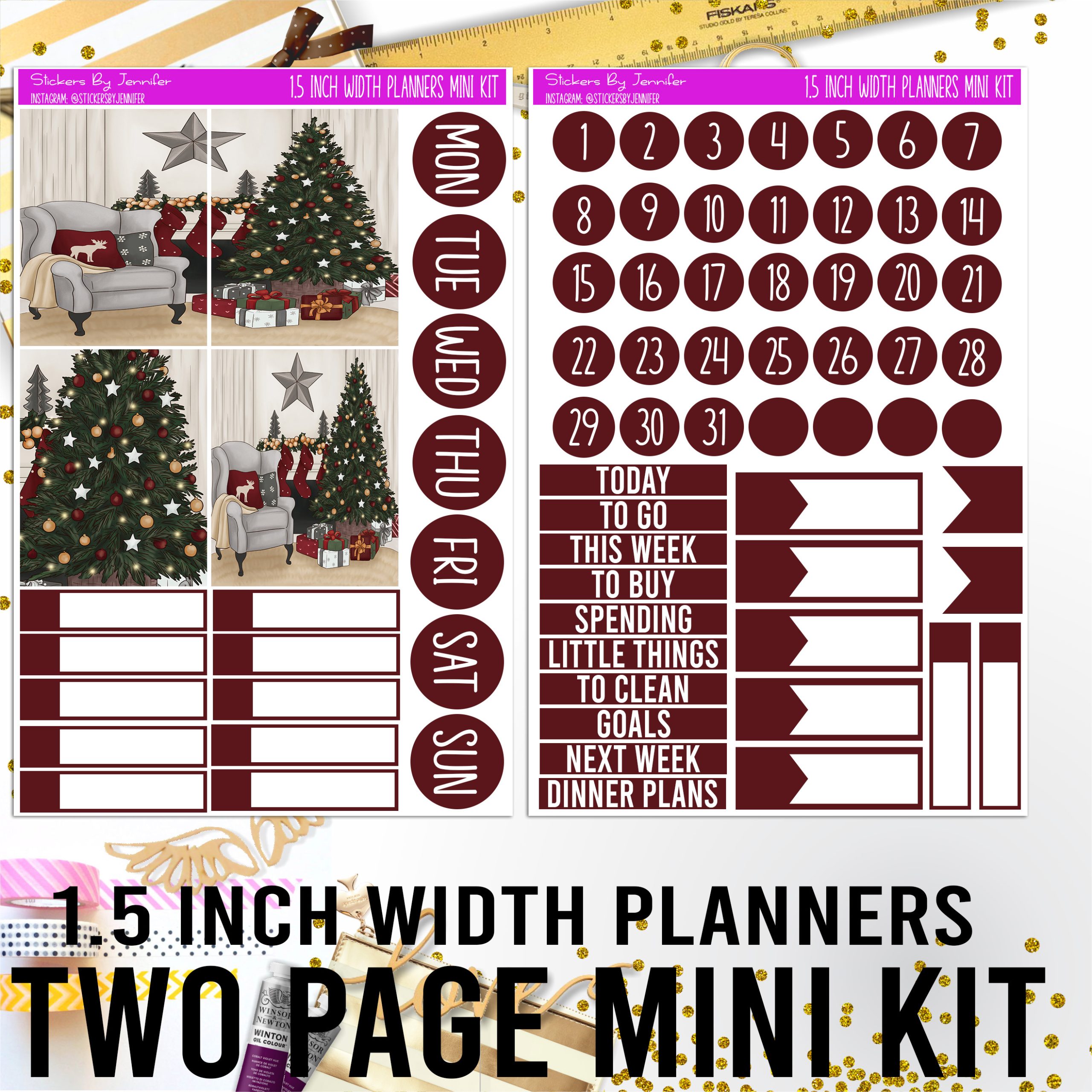 Two Page 1.5 Inch Width Mini Kit 015 Planner Stickers, Bullet Journal Stickers, Functional Planner Stickers, Stationary Stickers