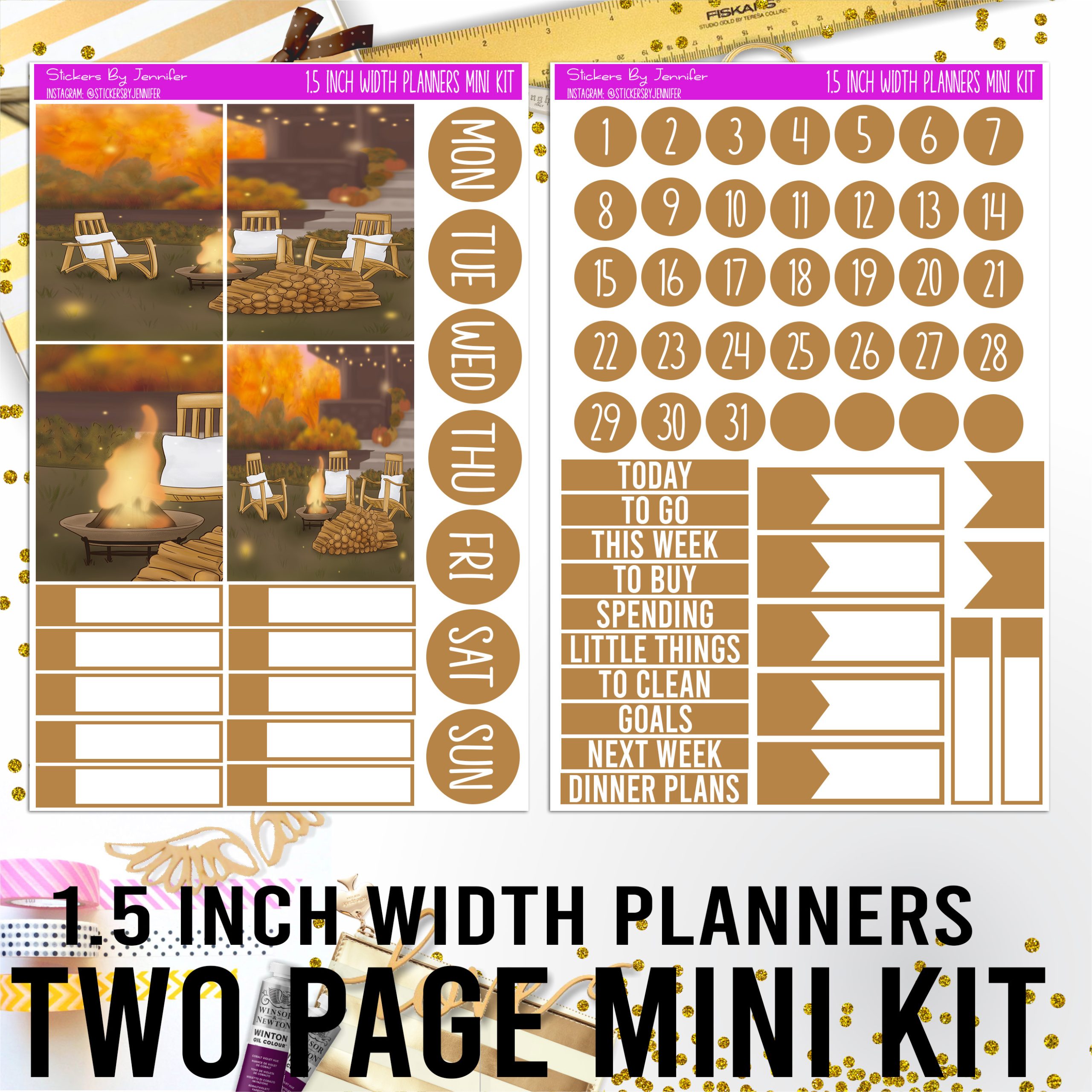 Two Page 1.5 Inch Width Mini Kit 016 Planner Stickers, Bullet Journal Stickers, Functional Planner Stickers, Stationary Stickers