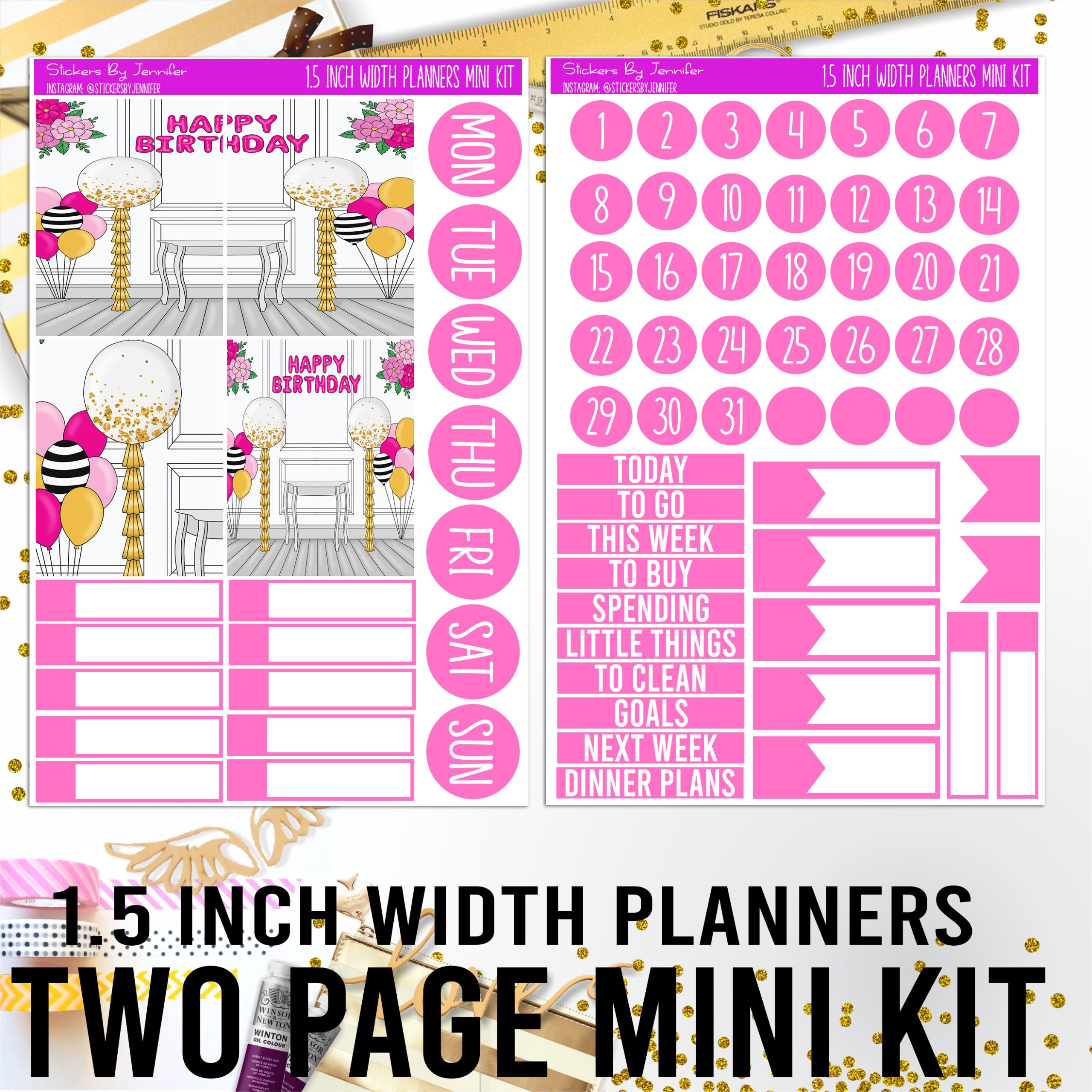 Two Page 1.5 Inch Width Mini Kit 017 Planner Stickers, Bullet Journal Stickers, Functional Planner Stickers, Stationary Stickers