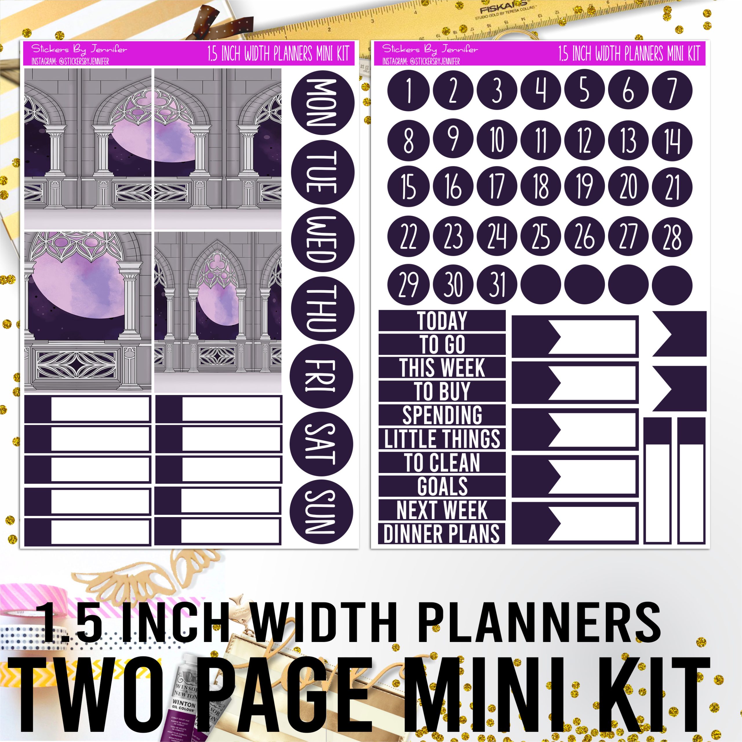 Two Page 1.5 Inch Width Mini Kit 019 Planner Stickers, Bullet Journal Stickers, Functional Planner Stickers, Stationary Stickers