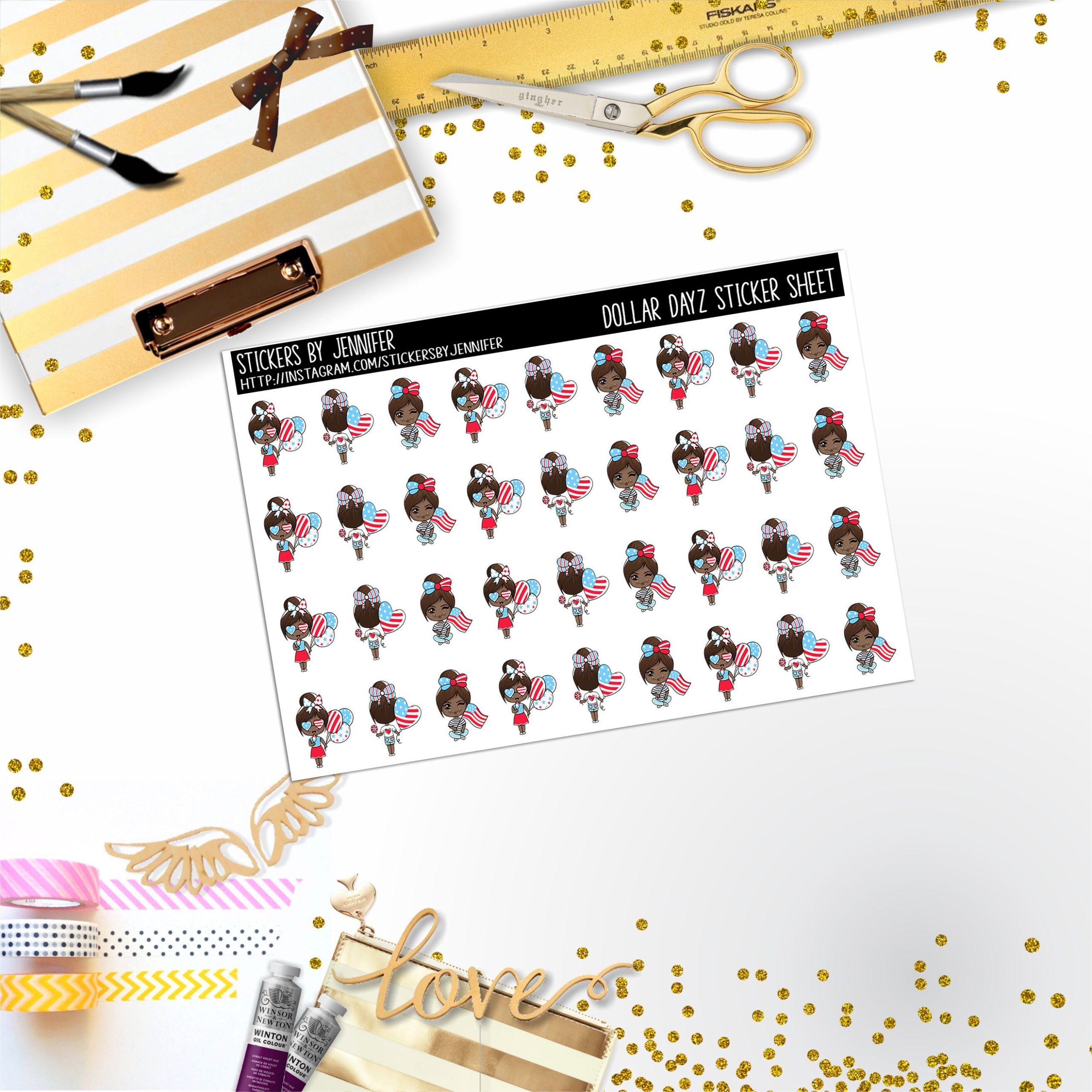 4th of July Character Girl Mini DD021, Planner Stickers, Bullet Journal, Functional Planner Stickers, Stationary Stickers