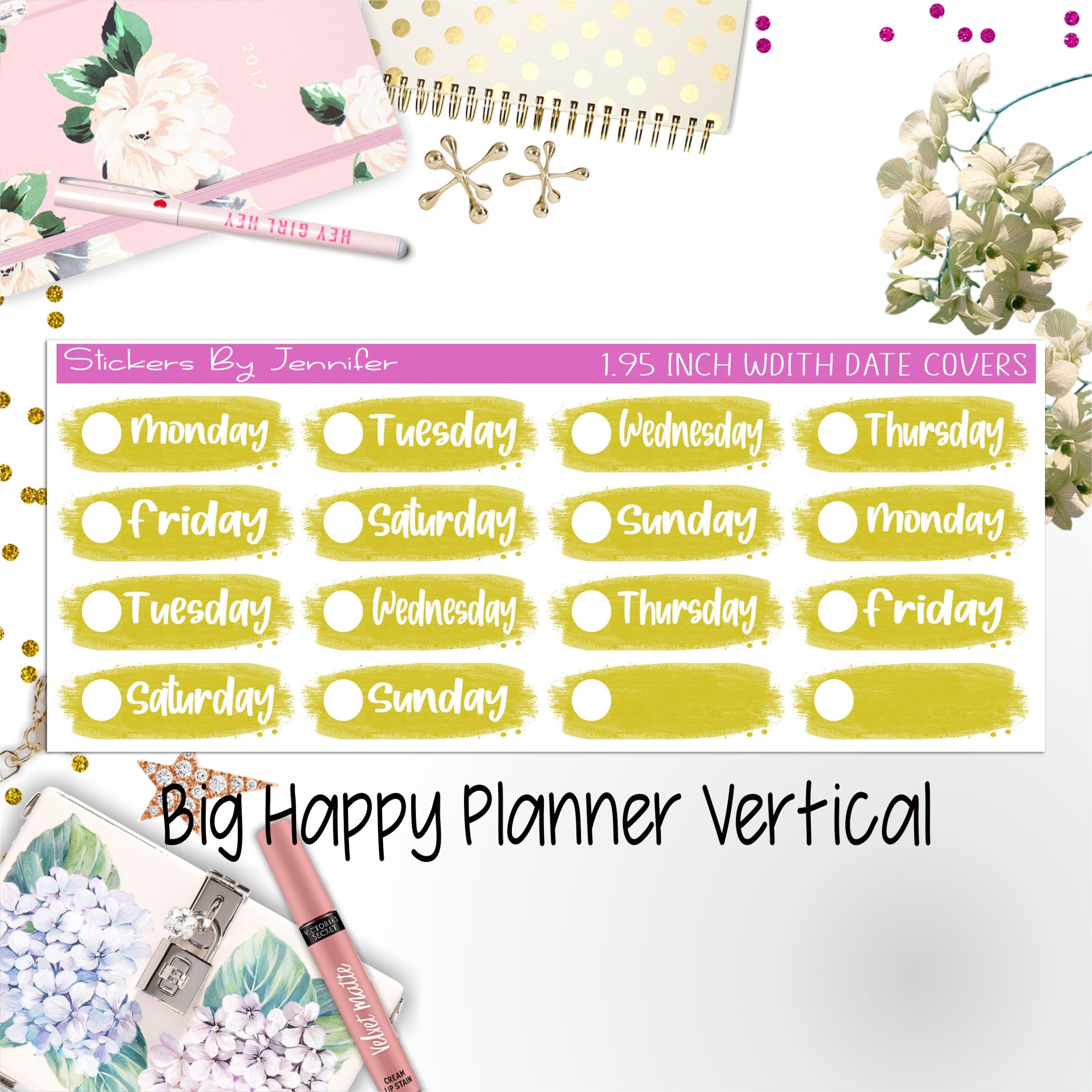 Date Covers 1.95 inch Width Quarter Box Labels 004 for Big Happy Planner Vertical Planner Stickers