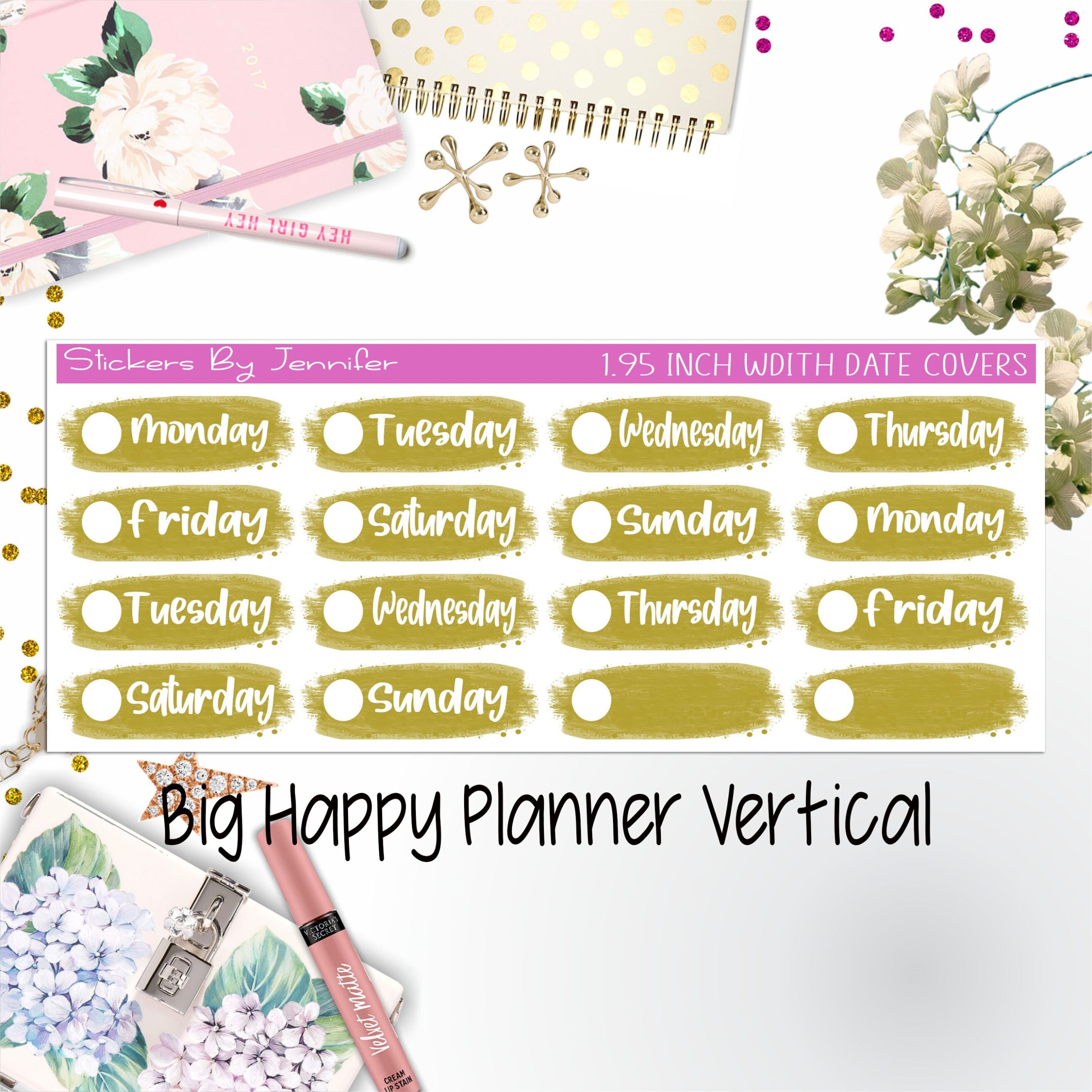 Date Covers 1.95 inch Width Quarter Box Labels 005 for Big Happy Planner Vertical Planner Stickers
