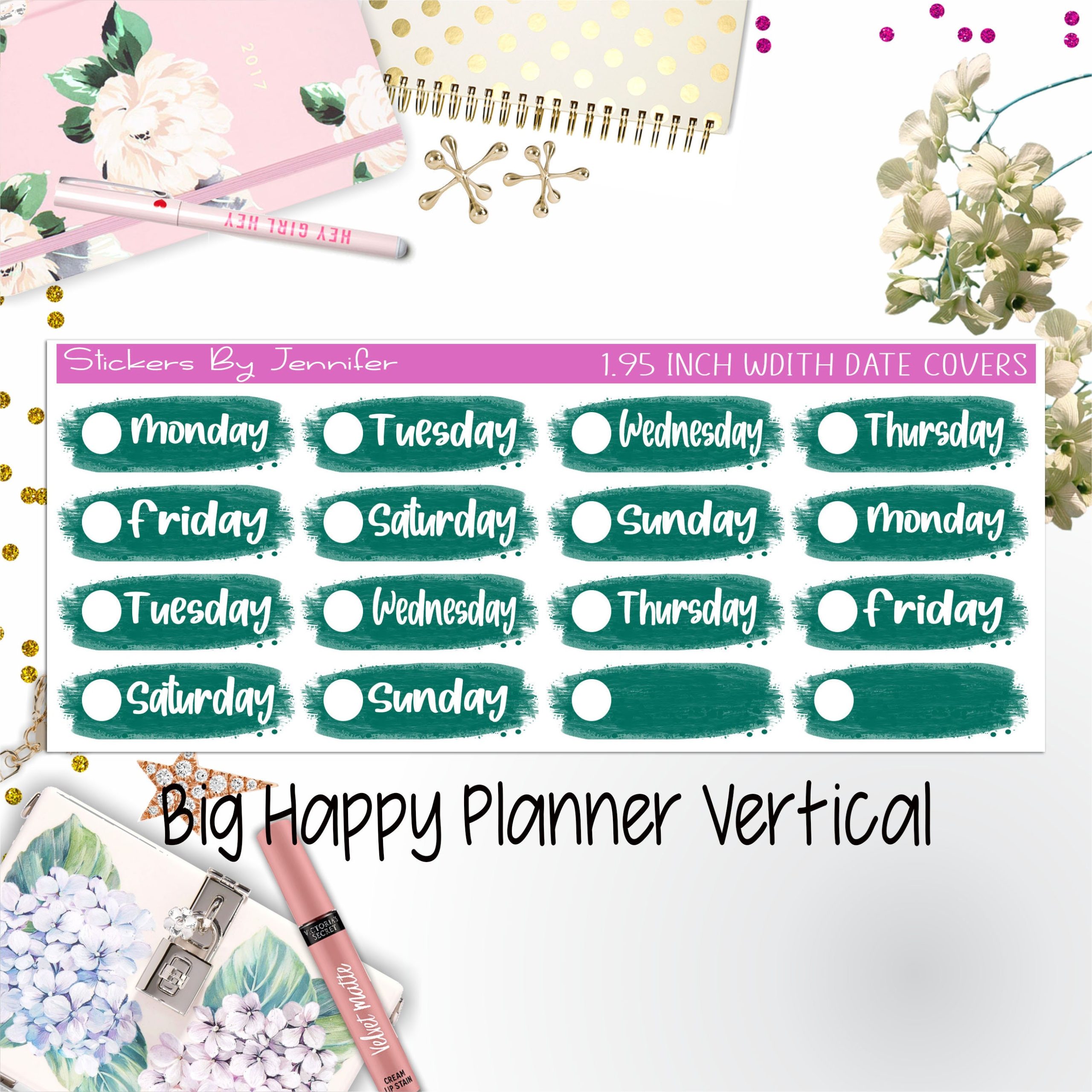 Date Covers 1.95 inch Width Quarter Box Labels 021 for Big Happy Planner Vertical Planner Stickers