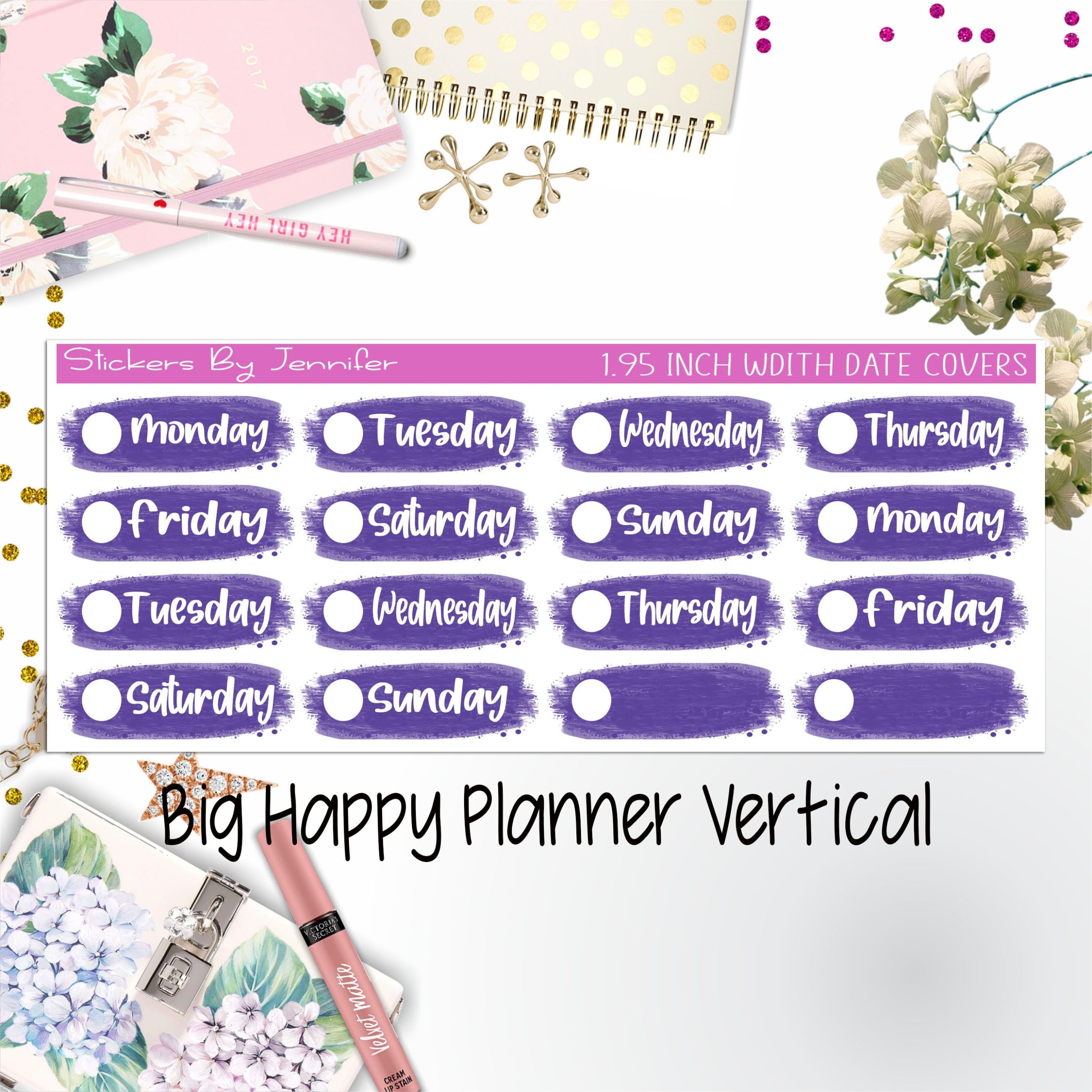 Date Covers 1.95 inch Width Quarter Box Labels 049 for Big Happy Planner Vertical Planner Stickers