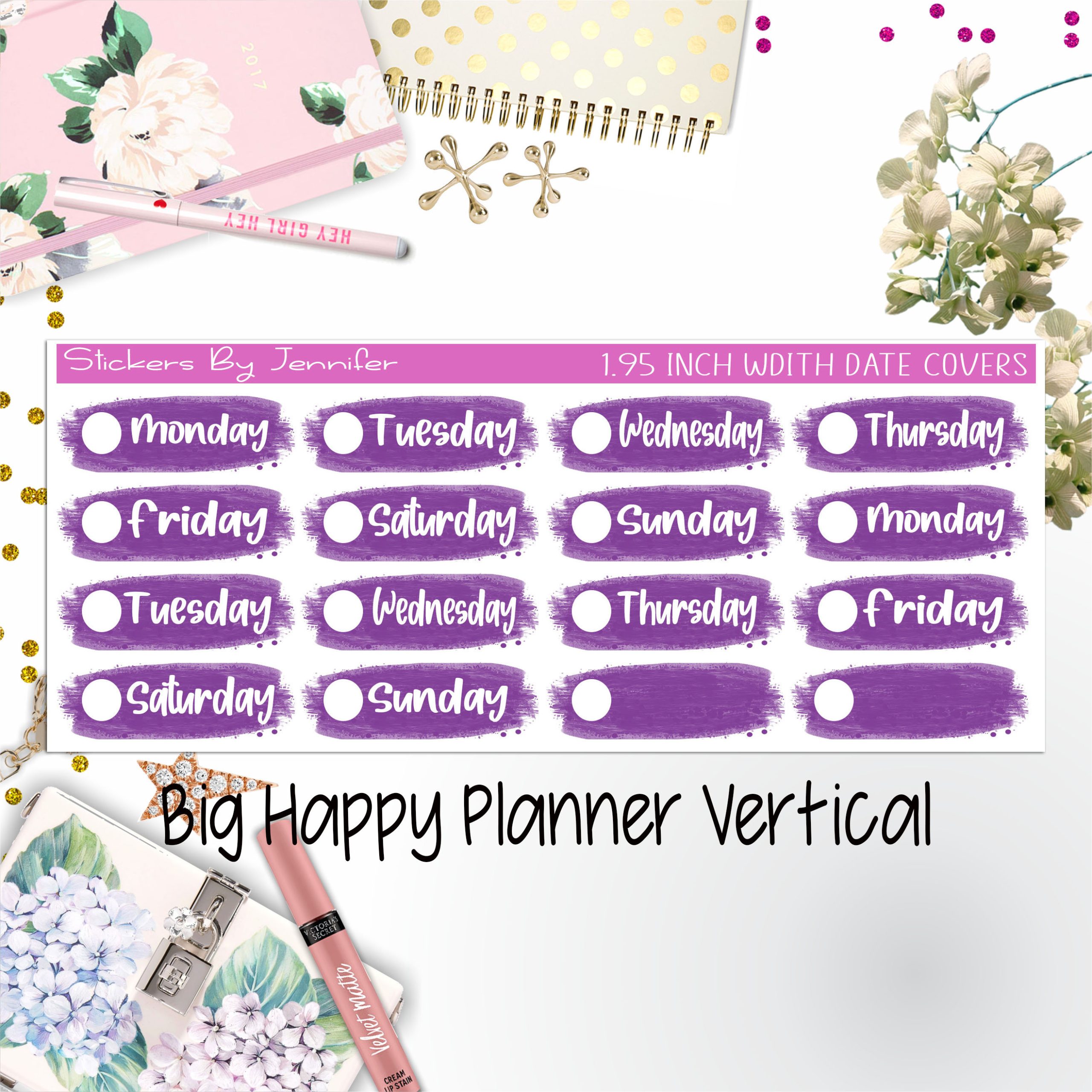 Date Covers 1.95 inch Width Quarter Box Labels 051 for Big Happy Planner Vertical Planner Stickers