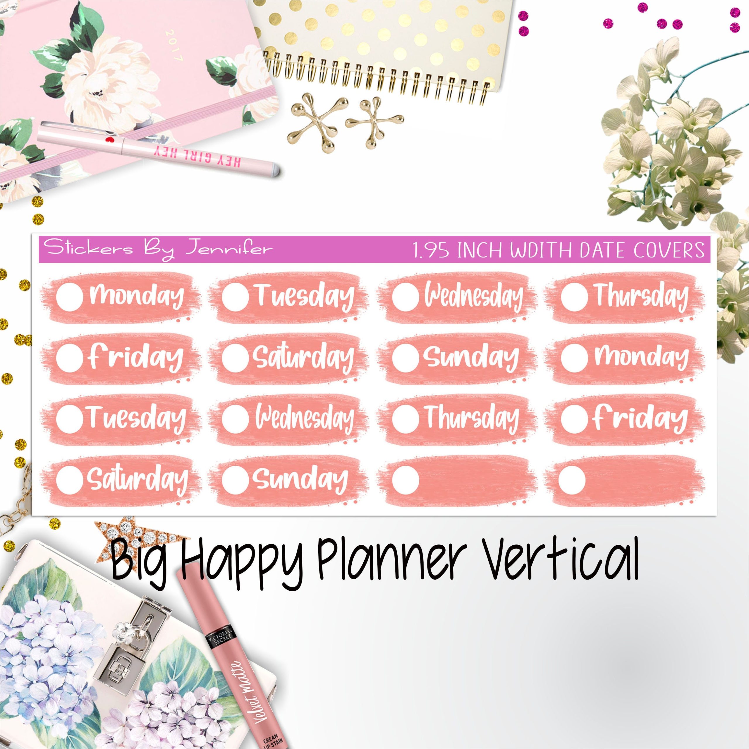 Date Covers 1.95 inch Width Quarter Box Labels 069 for Big Happy Planner Vertical Planner Stickers