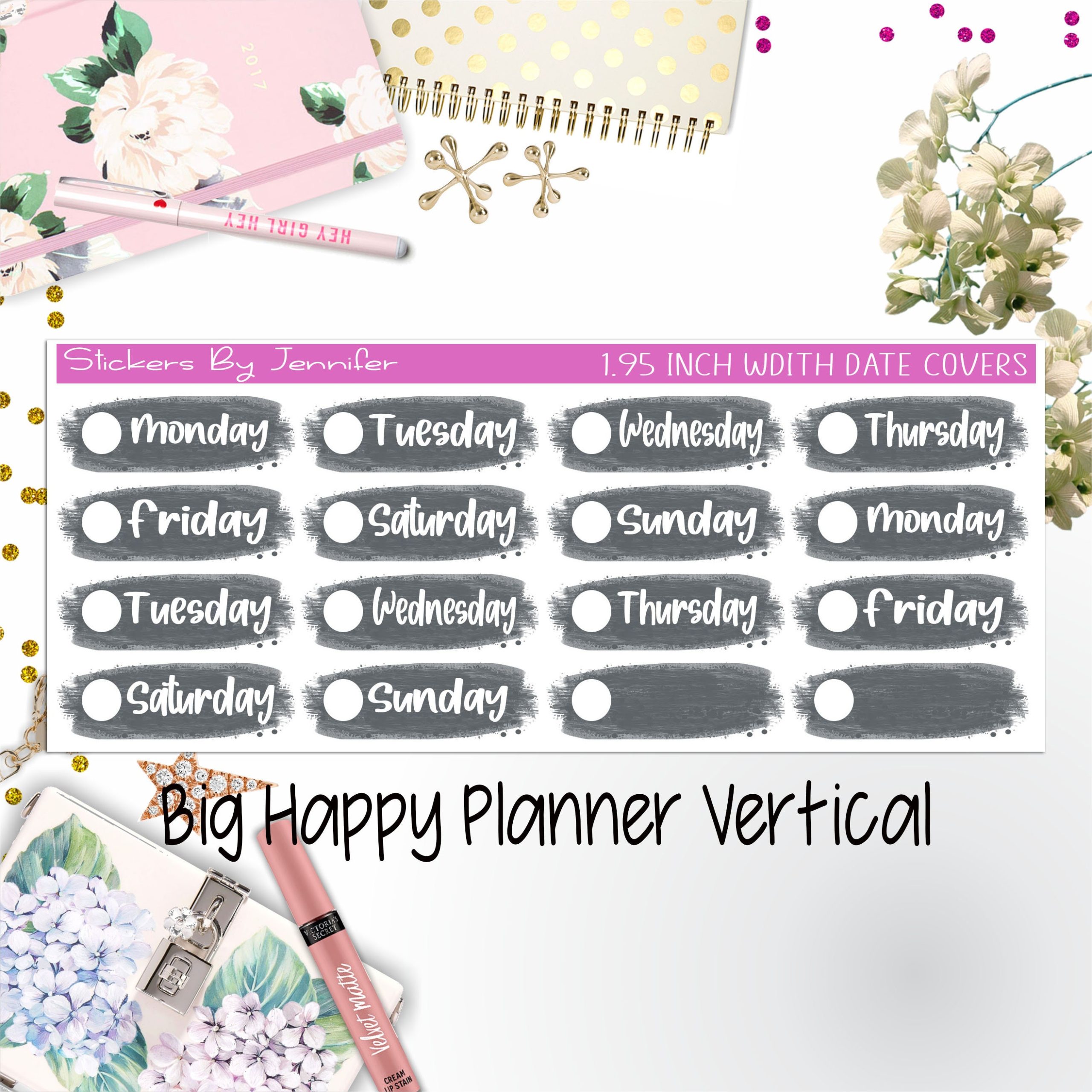 Date Covers 1.95 inch Width Quarter Box Labels 099 for Big Happy Planner Vertical Planner Stickers