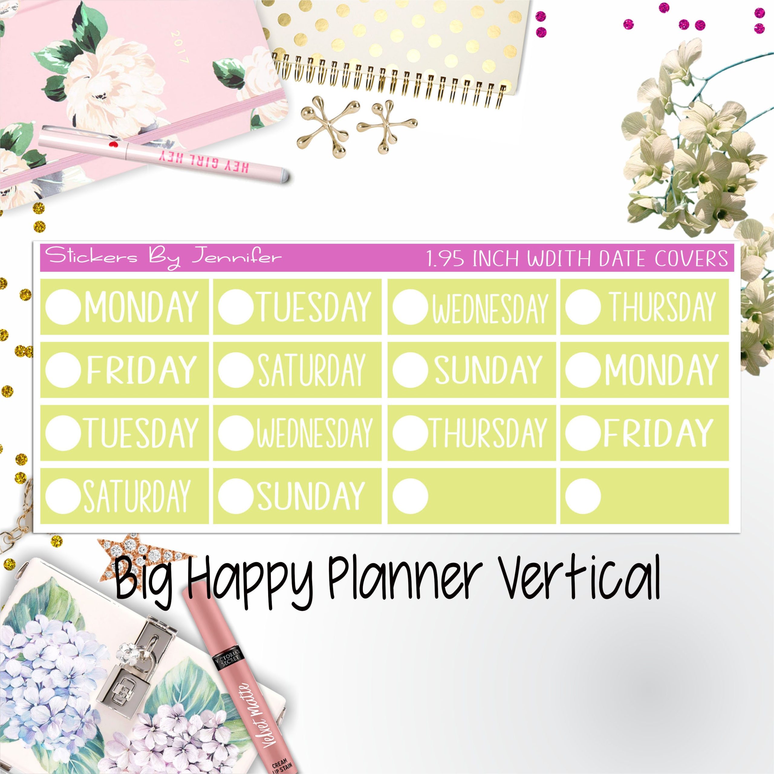 Date Covers 1.95 inch Width Quarter Box Labels 109 for Big Happy Planner Vertical Planner Stickers