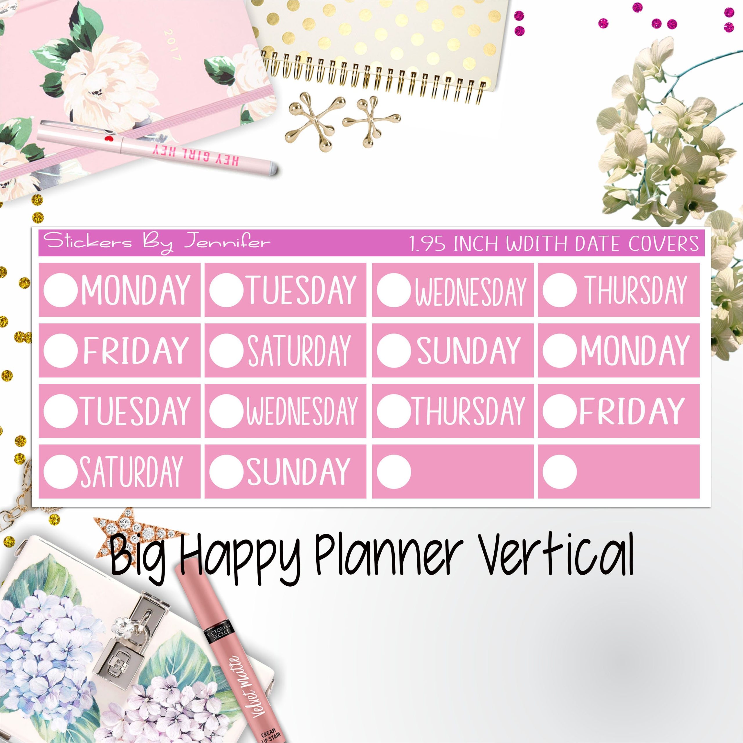 Date Covers 1.95 inch Width Quarter Box Labels 157 for Big Happy Planner Vertical Planner Stickers