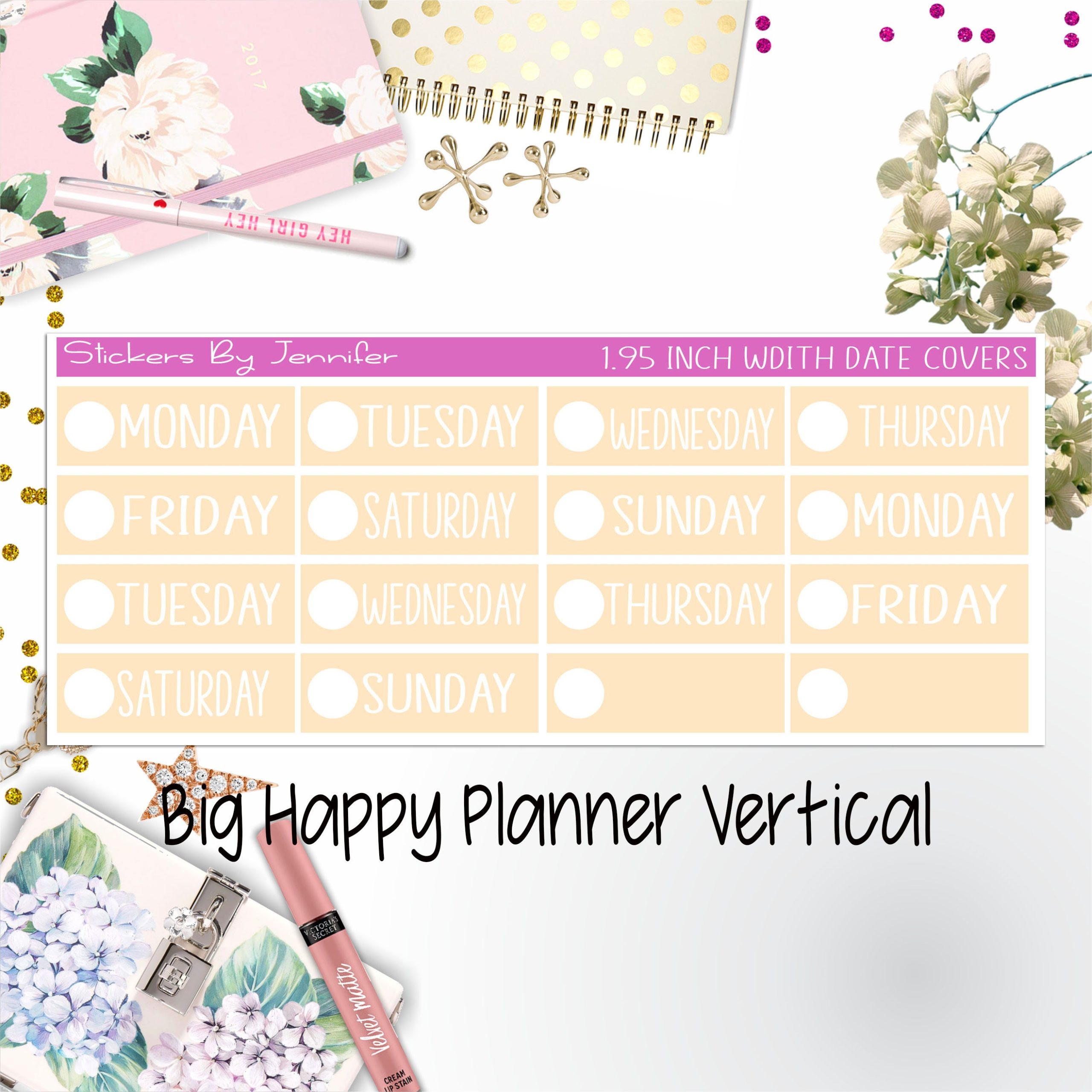 Date Covers 1.95 inch Width Quarter Box Labels 187 for Big Happy Planner Vertical Planner Stickers