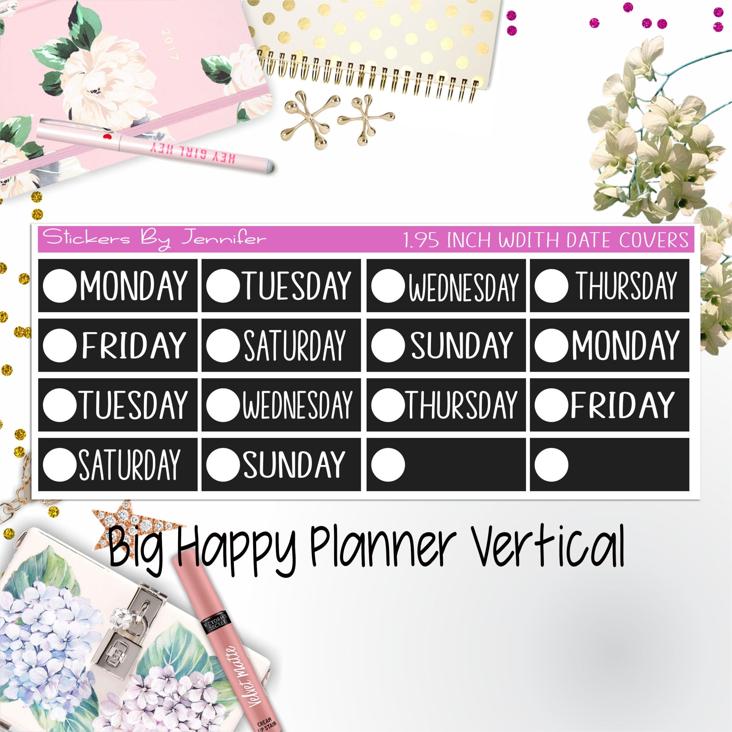 Date Covers 1.95 inch Width Quarter Box Labels 200 for Big Happy Planner Vertical Planner Stickers