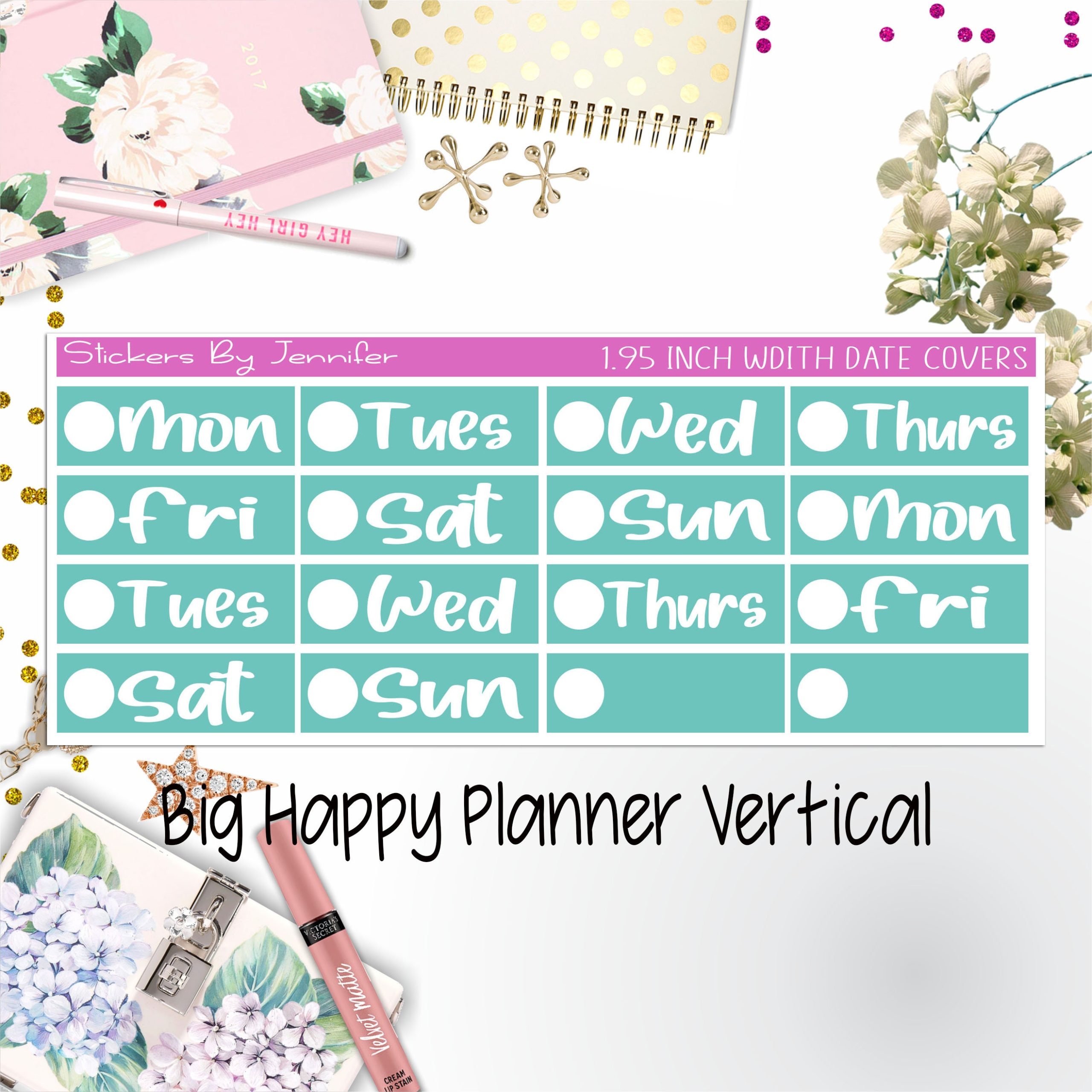 Date Covers 1.95 inch Width Quarter Box Labels 226 for Big Happy Planner Vertical Planner Stickers
