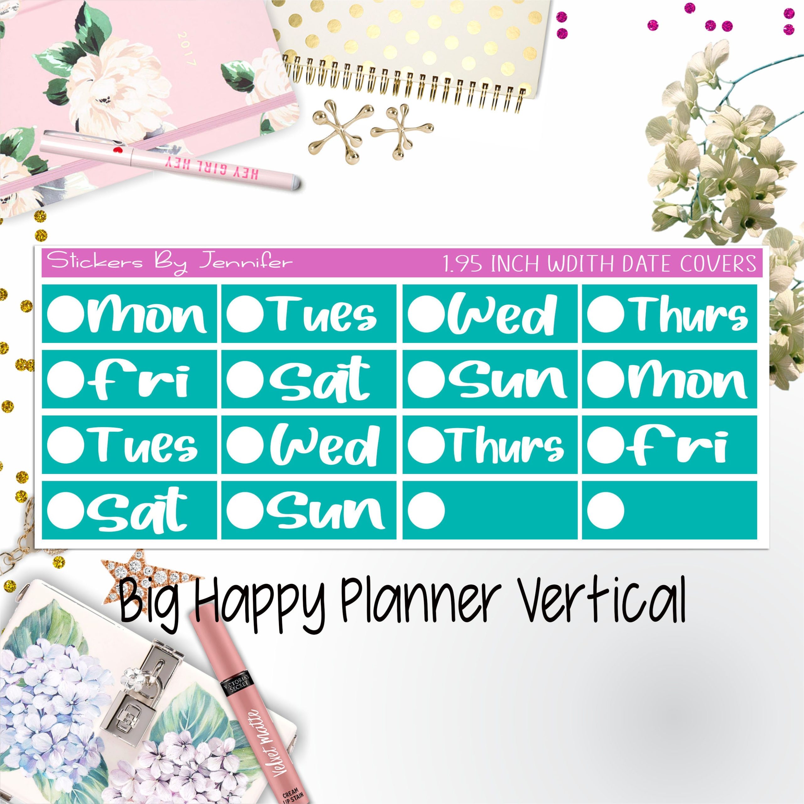 Date Covers 1.95 inch Width Quarter Box Labels 227 for Big Happy Planner Vertical Planner Stickers