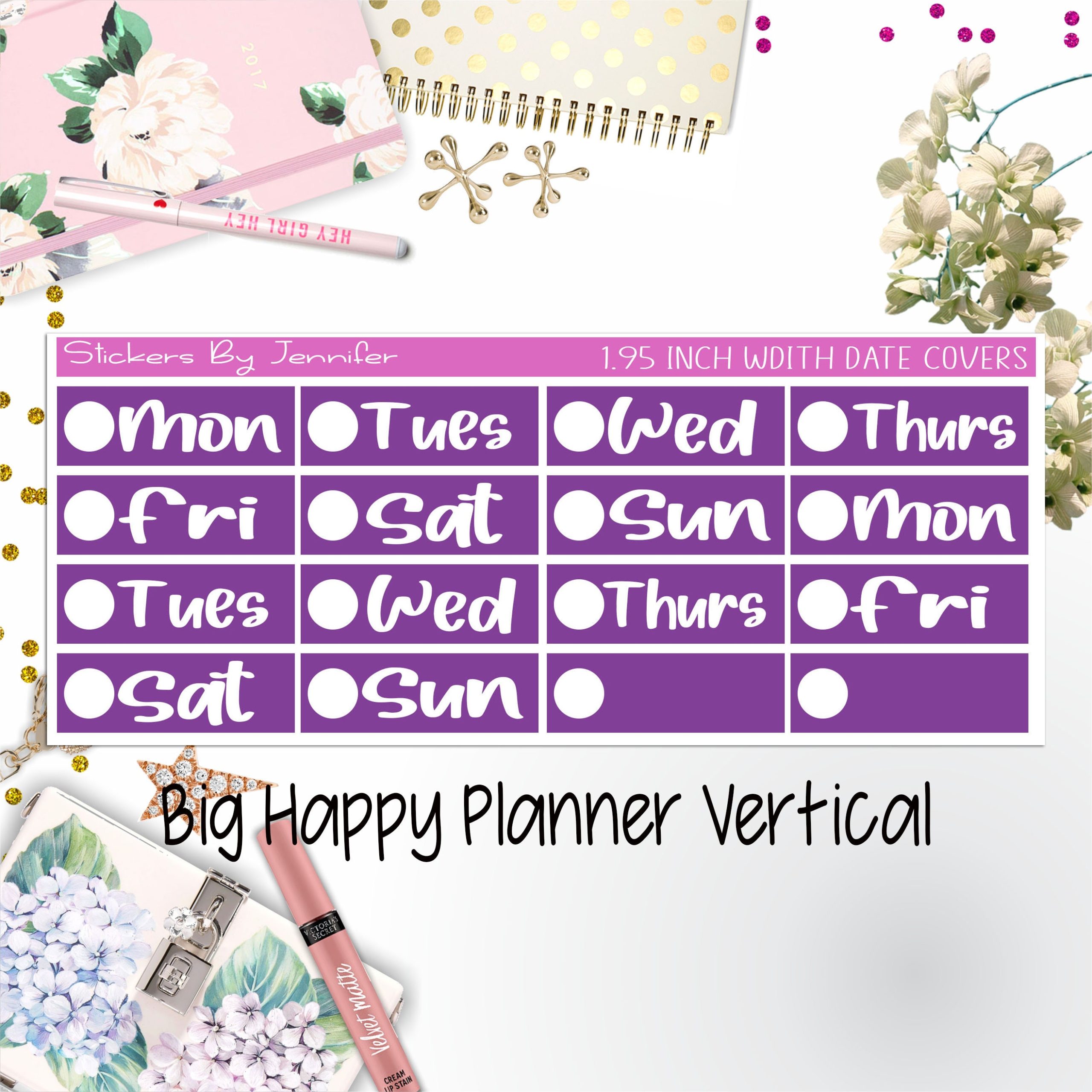 Date Covers 1.95 inch Width Quarter Box Labels 251 for Big Happy Planner Vertical Planner Stickers