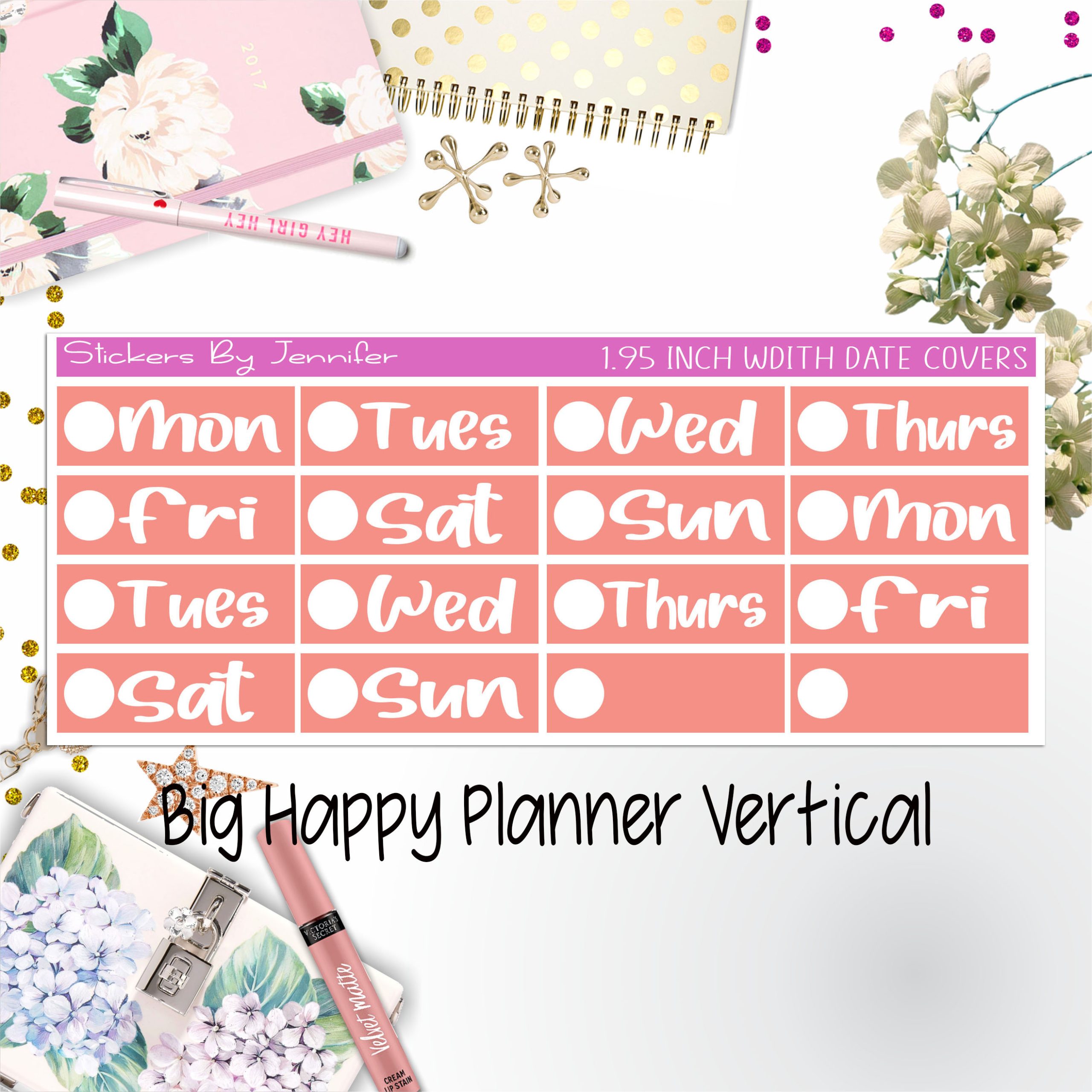Date Covers 1.95 inch Width Quarter Box Labels 269 for Big Happy Planner Vertical Planner Stickers