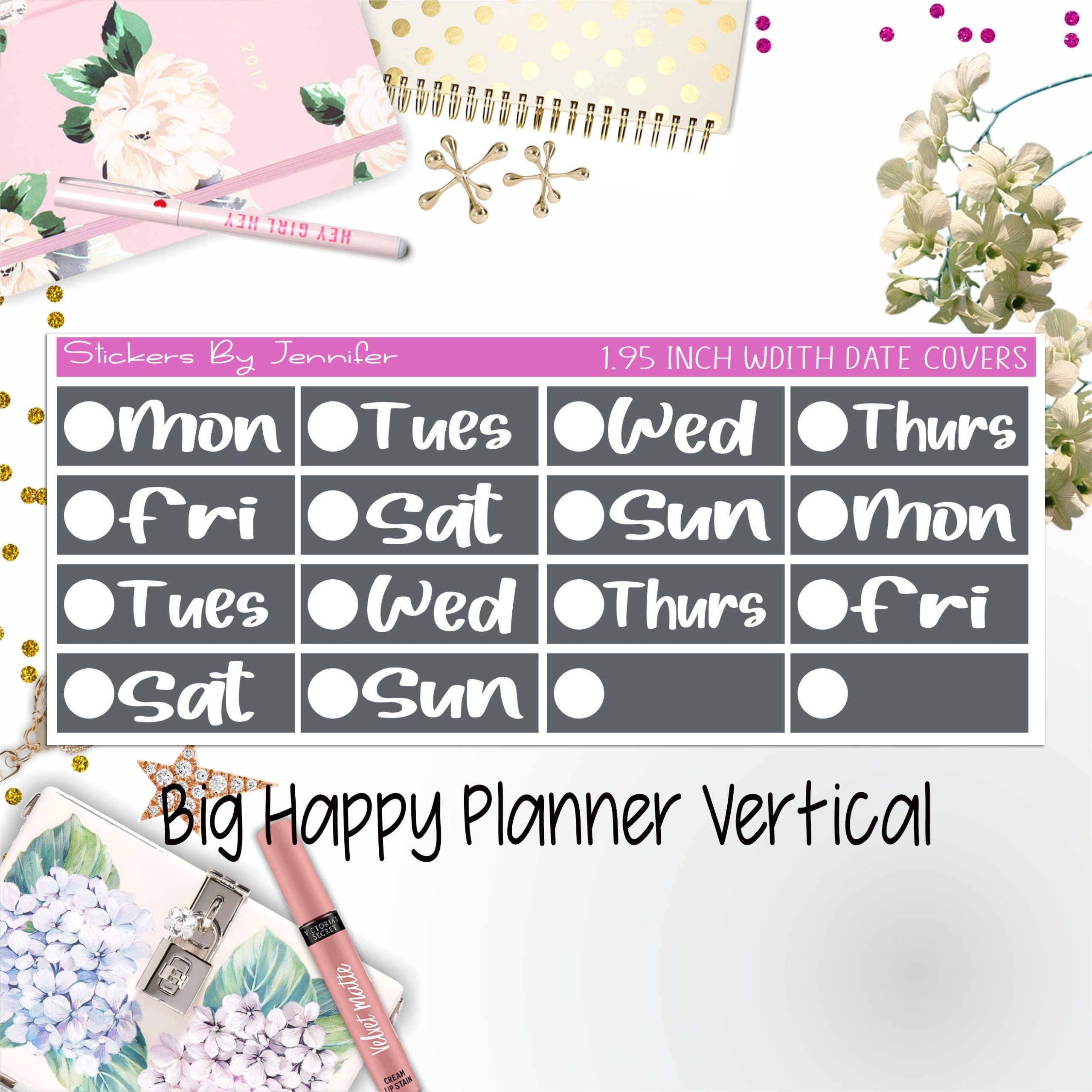 Date Covers 1.95 inch Width Quarter Box Labels 299 for Big Happy Planner Vertical Planner Stickers
