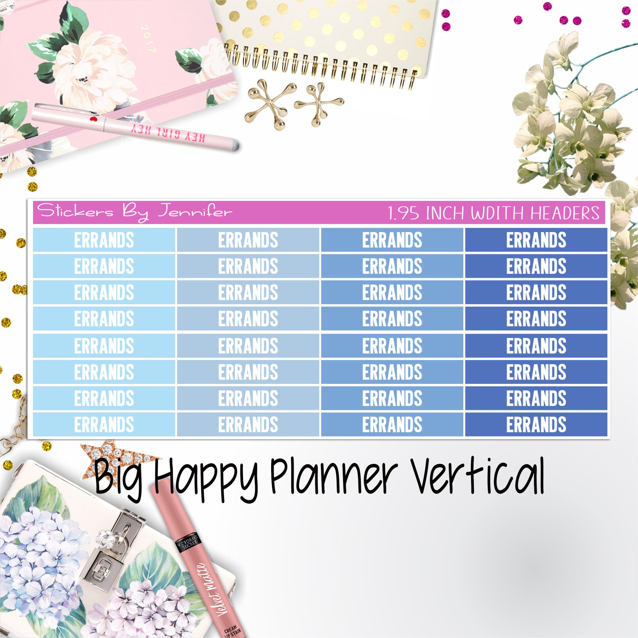 Errands Headers 1.95 inch Width 104 for Big Happy Planner Vertical Planner Stickers