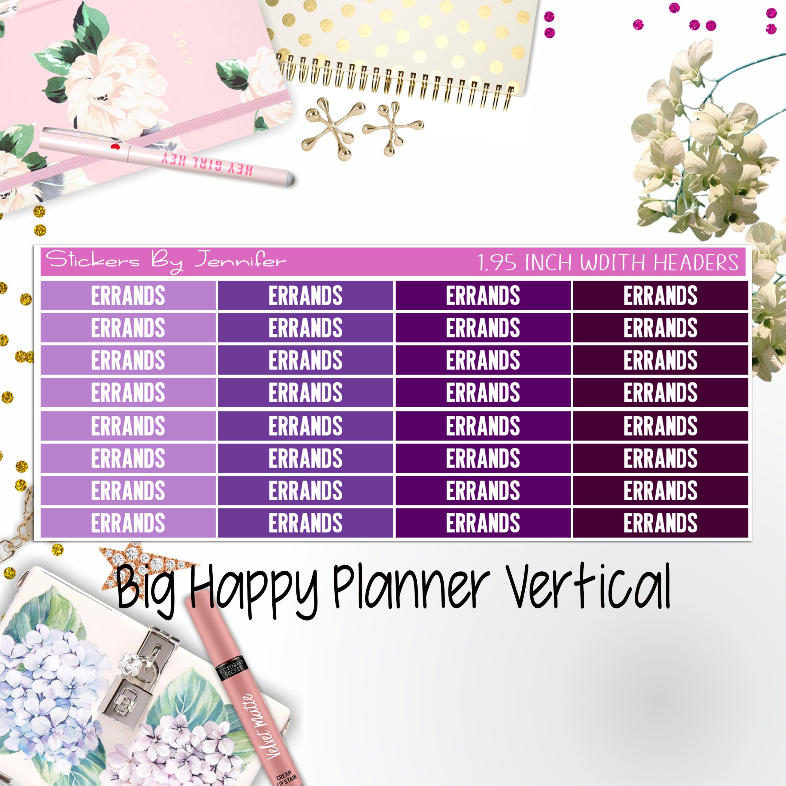 Errands Headers 1.95 inch Width 117 for Big Happy Planner Vertical Planner Stickers
