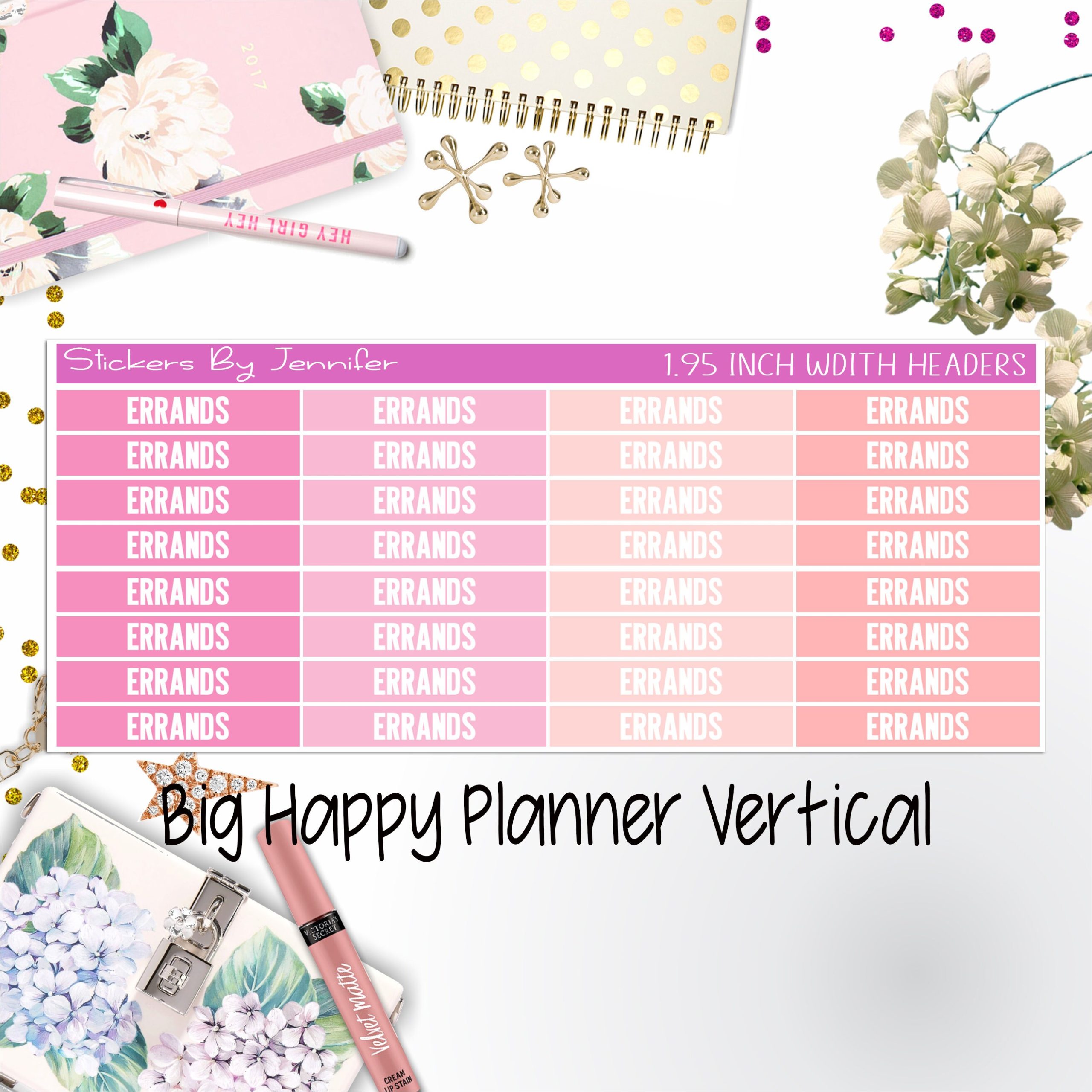 Errands Headers 1.95 inch Width 120 for Big Happy Planner Vertical Planner Stickers