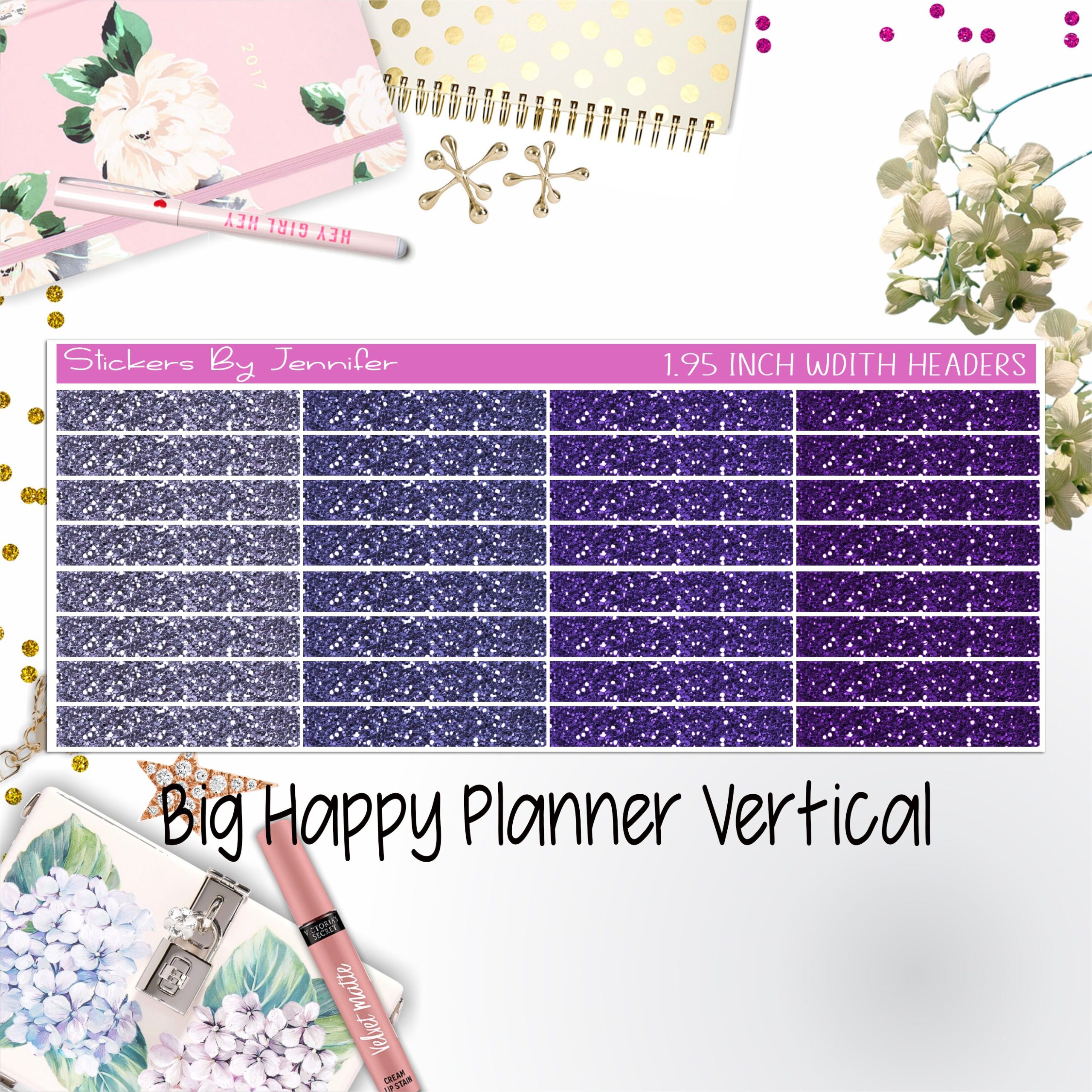 Glitter Headers 1.95 inch Width 001 for Big Happy Planner Vertical Planner Stickers
