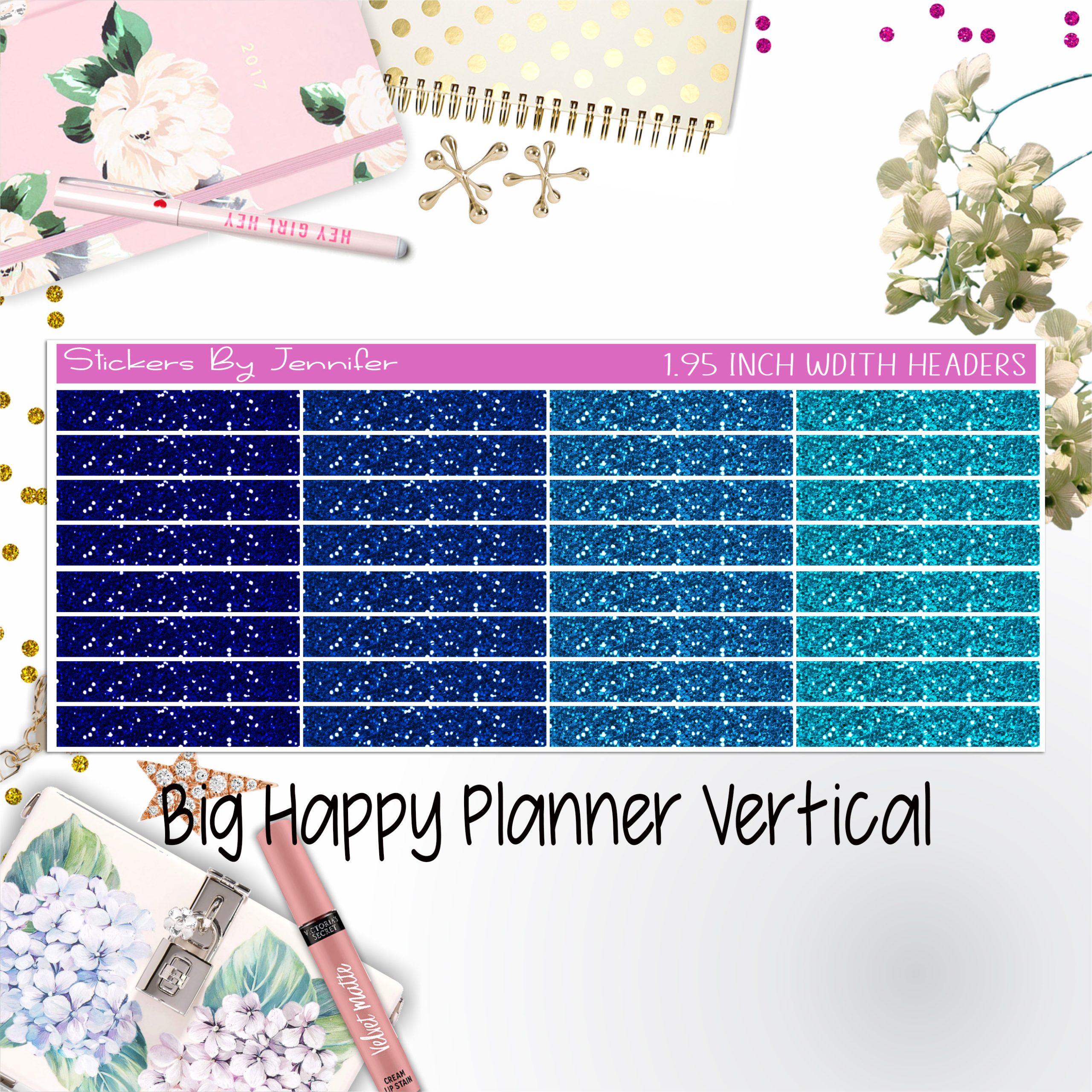 Glitter Headers 1.95 inch Width 003 for Big Happy Planner Vertical Planner Stickers