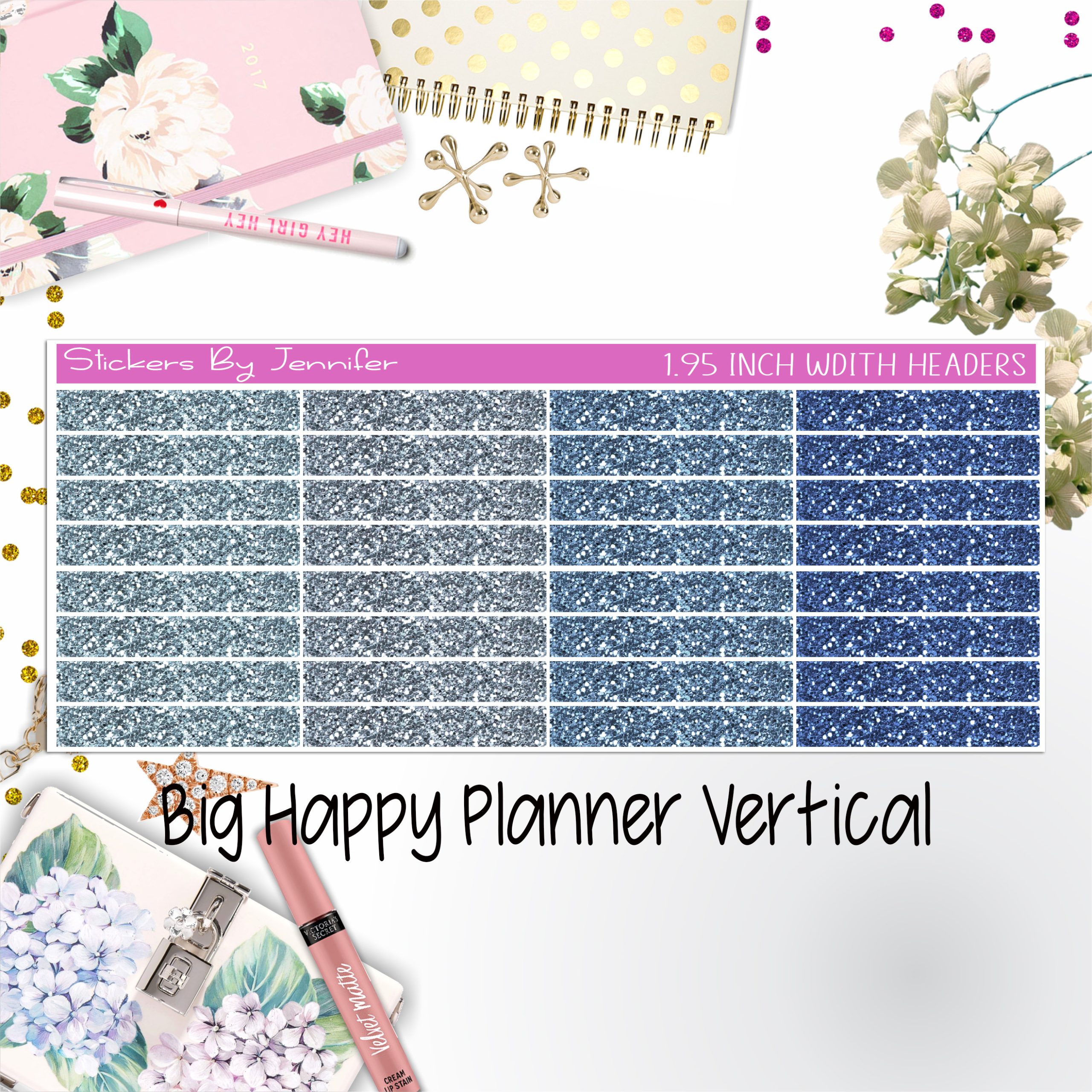 Glitter Headers 1.95 inch Width 004 for Big Happy Planner Vertical Planner Stickers