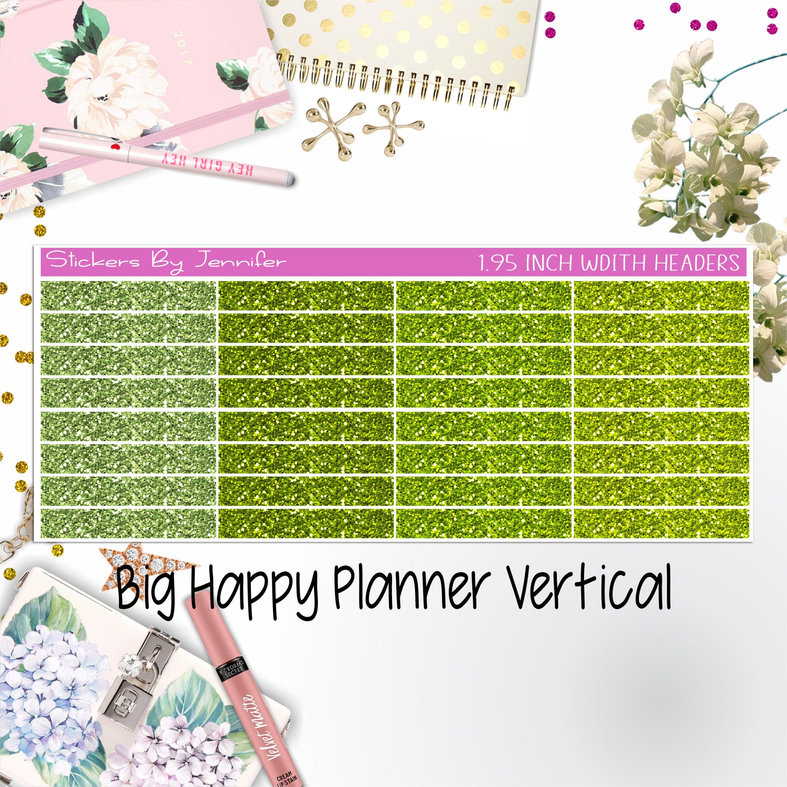 Glitter Headers 1.95 inch Width 010 for Big Happy Planner Vertical Planner Stickers