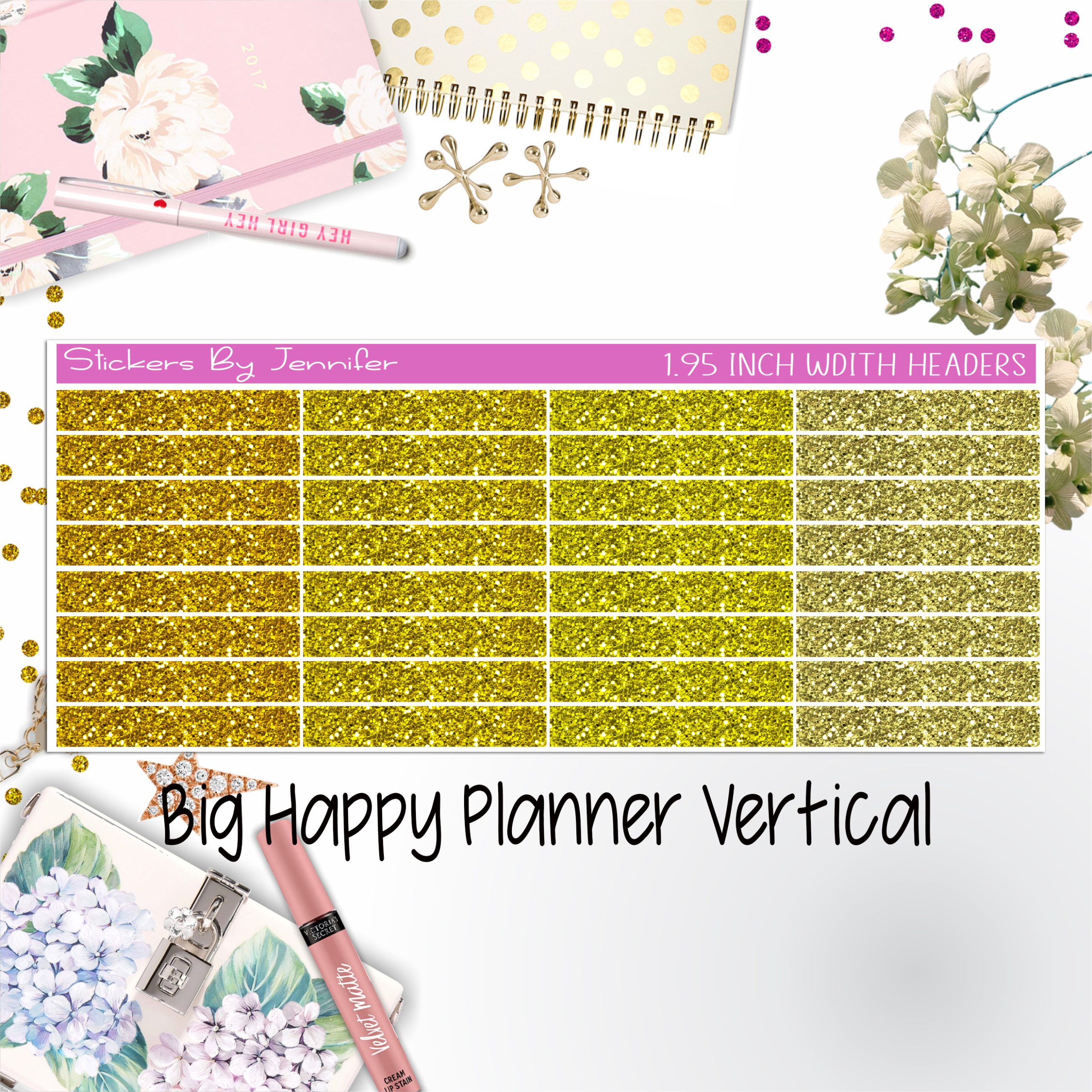 Glitter Headers 1.95 inch Width 011 for Big Happy Planner Vertical Planner Stickers