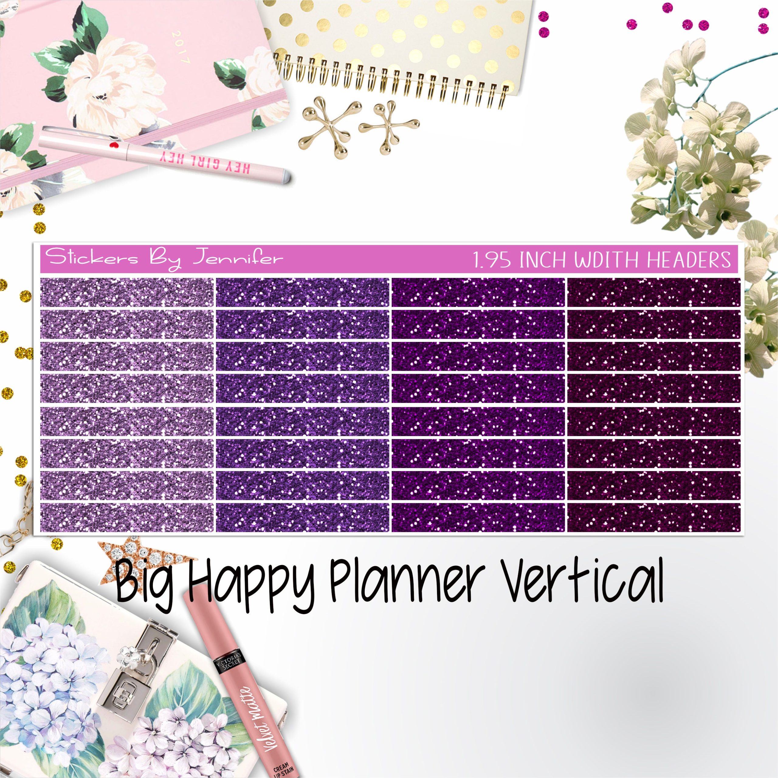 Glitter Headers 1.95 inch Width 017 for Big Happy Planner Vertical Planner Stickers