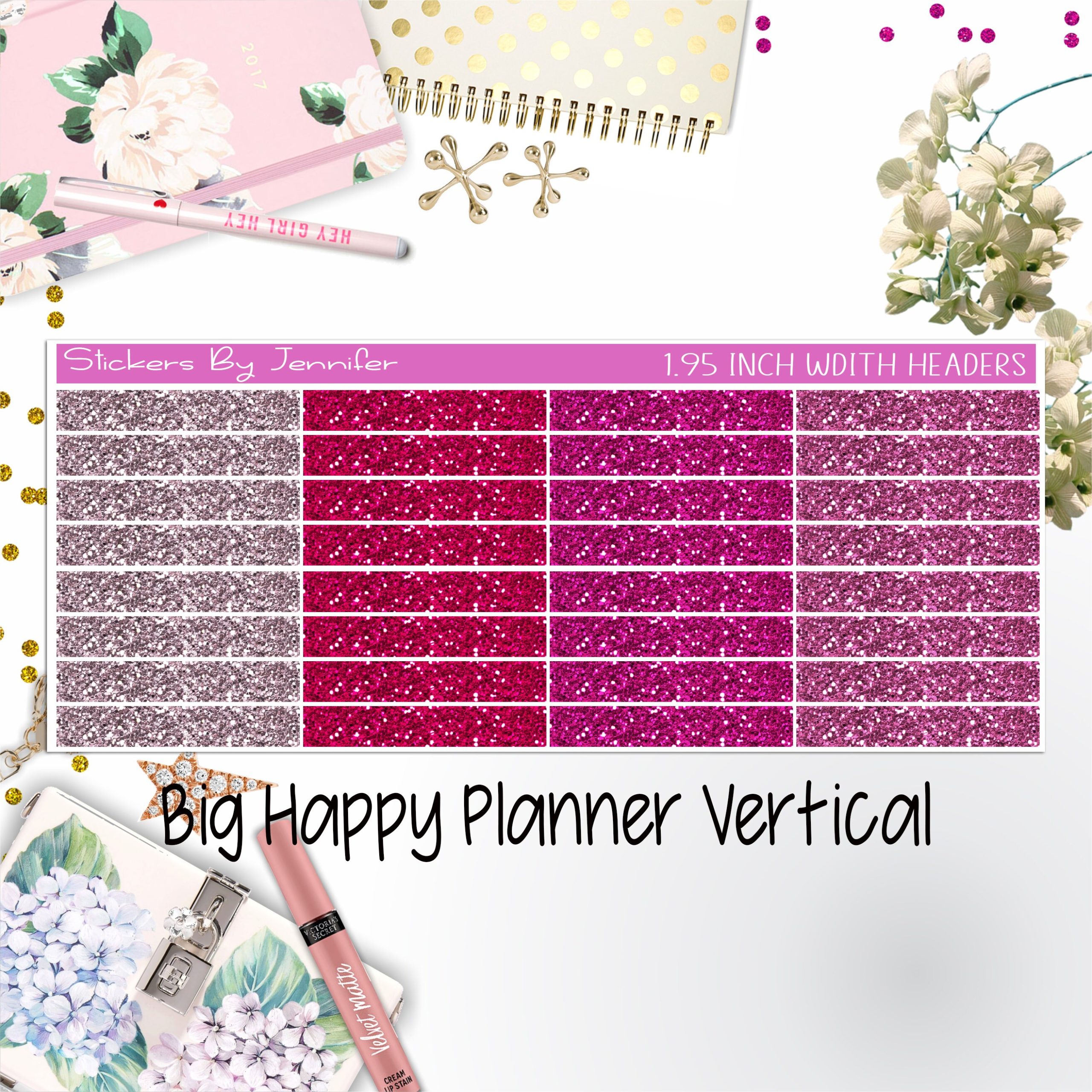 Glitter Headers 1.95 inch Width 019 for Big Happy Planner Vertical Planner Stickers