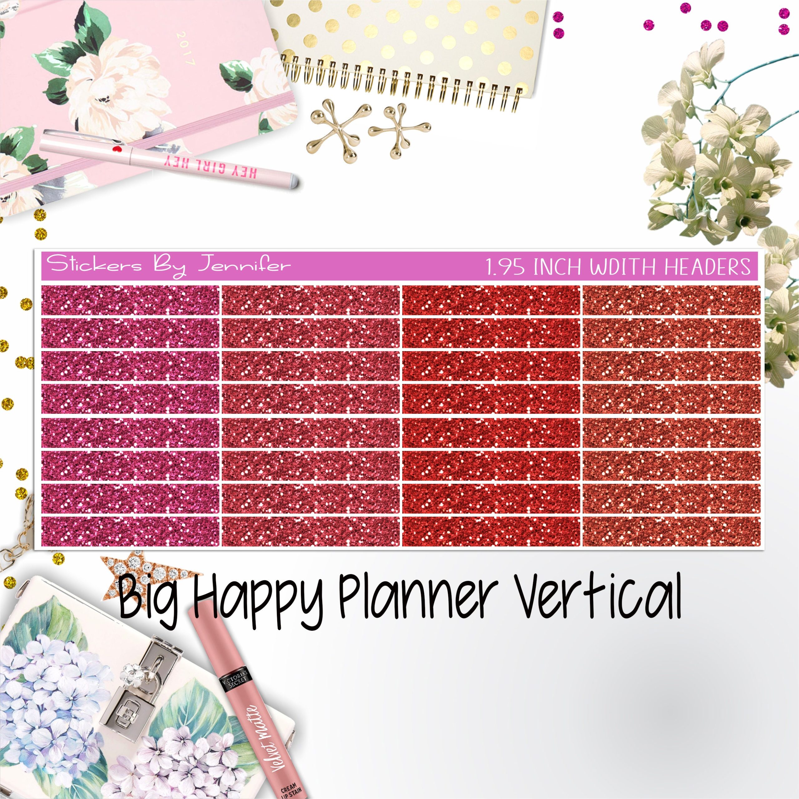 Glitter Headers 1.95 inch Width 021 for Big Happy Planner Vertical Planner Stickers
