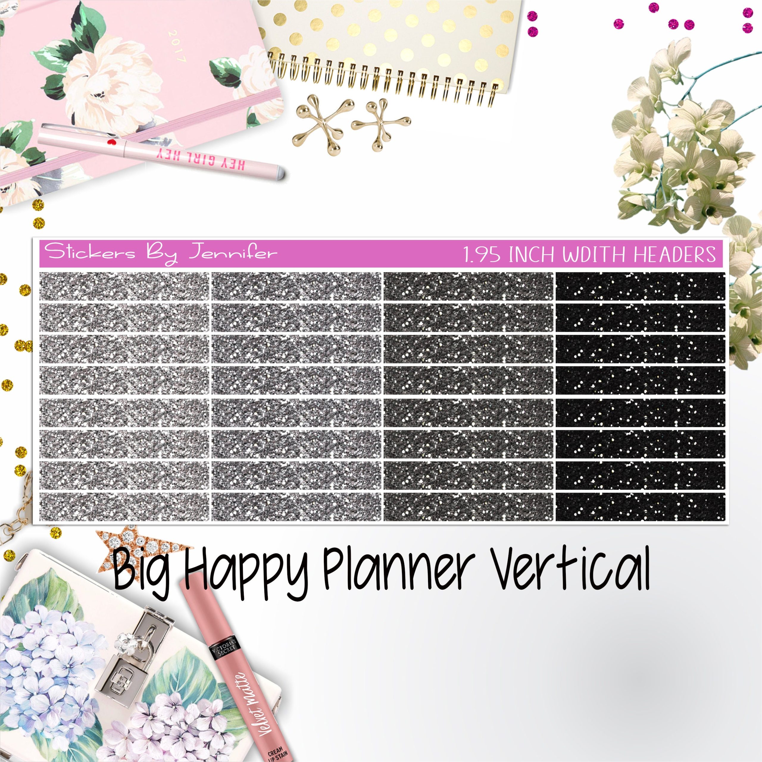 Glitter Headers 1.95 inch Width 025 for Big Happy Planner Vertical Planner Stickers