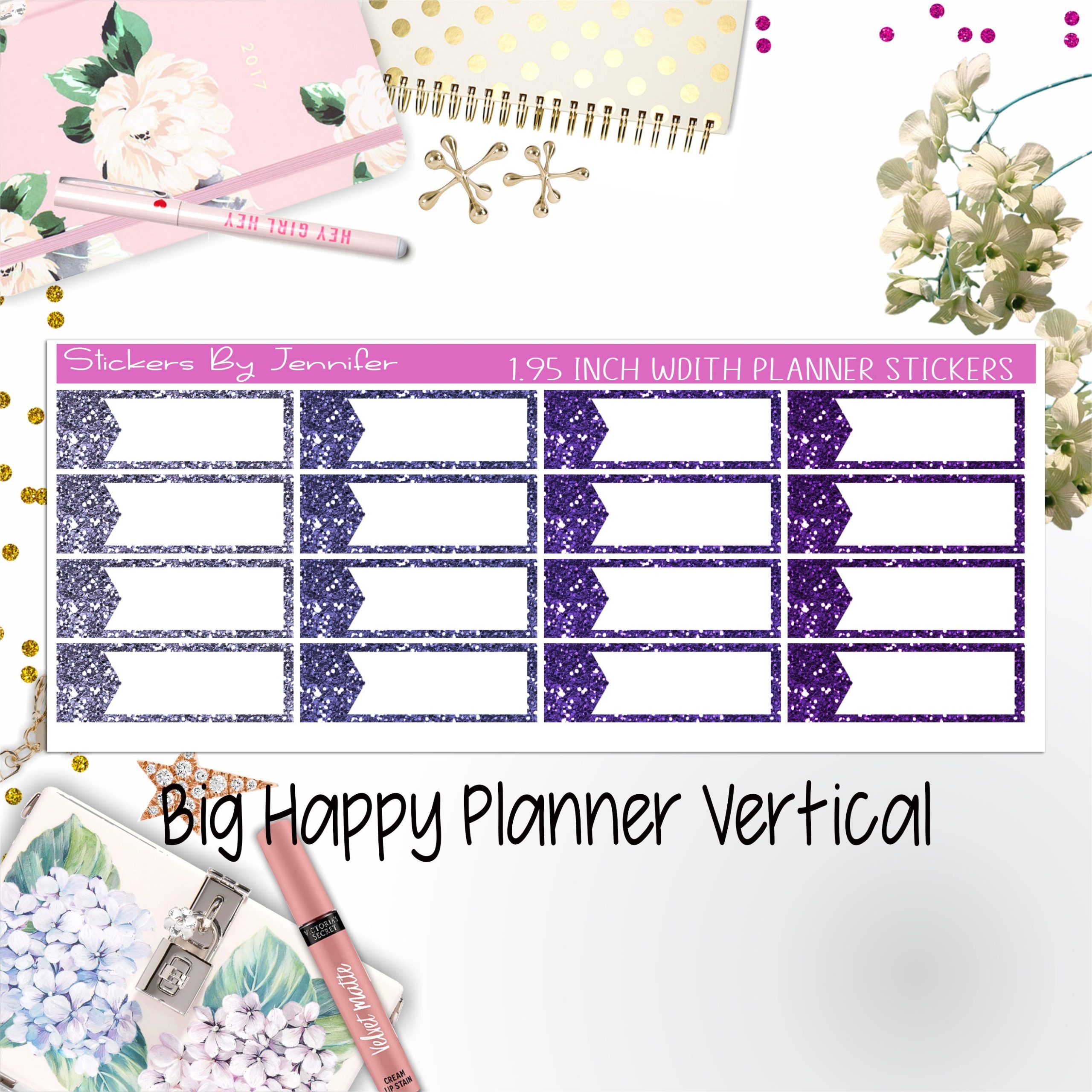 Glitter Labels 1.95 inch Width Quarter Boxes 051 for Big Happy Planner Vertical Planner Stickers