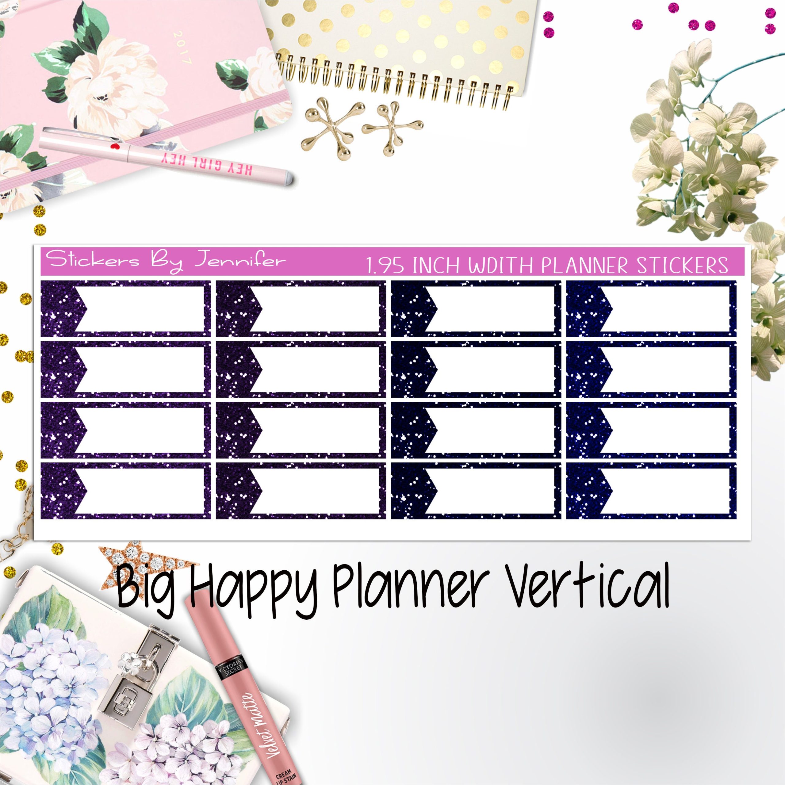 Glitter Labels 1.95 inch Width Quarter Boxes 052 for Big Happy Planner Vertical Planner Stickers