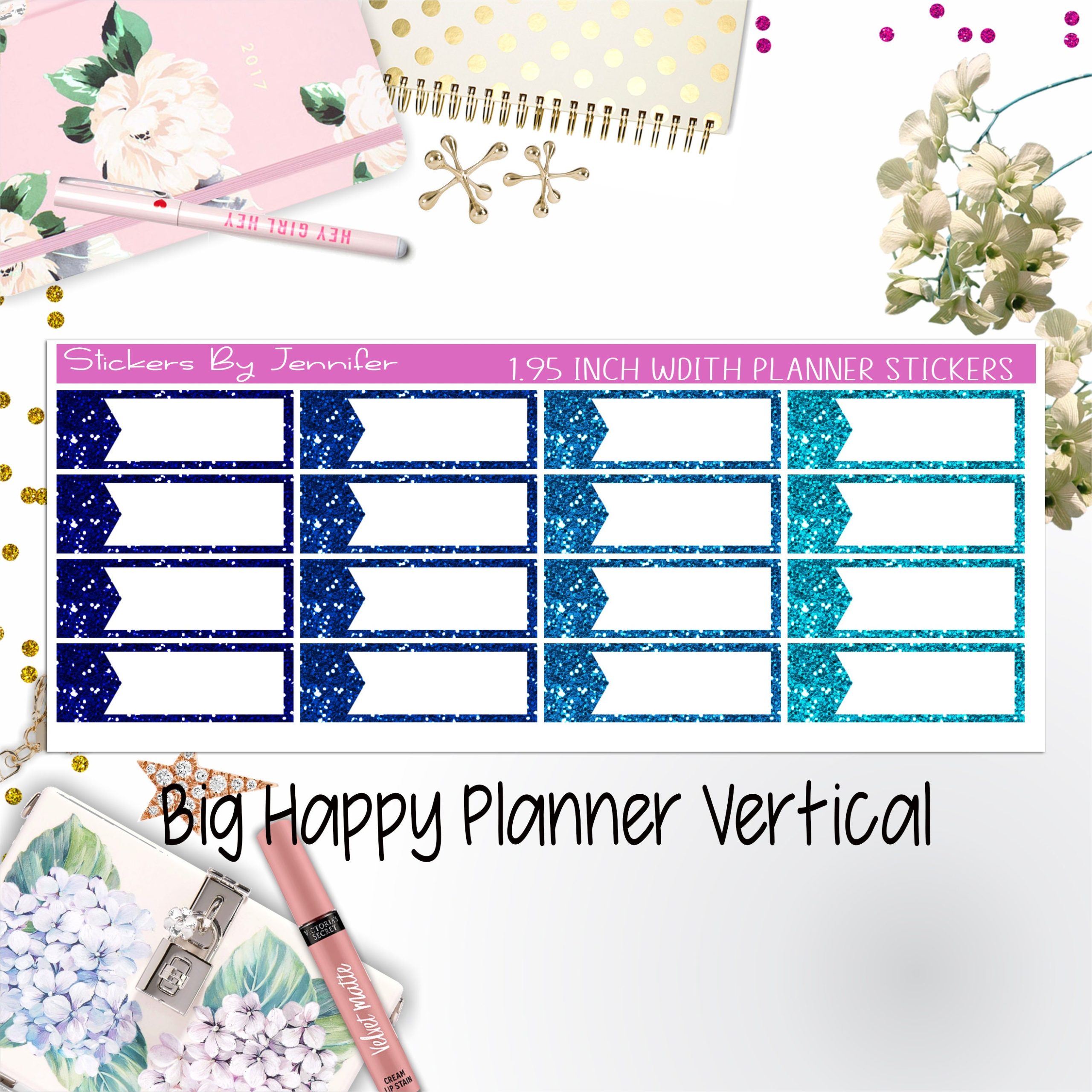 Glitter Labels 1.95 inch Width Quarter Boxes 053 for Big Happy Planner Vertical Planner Stickers