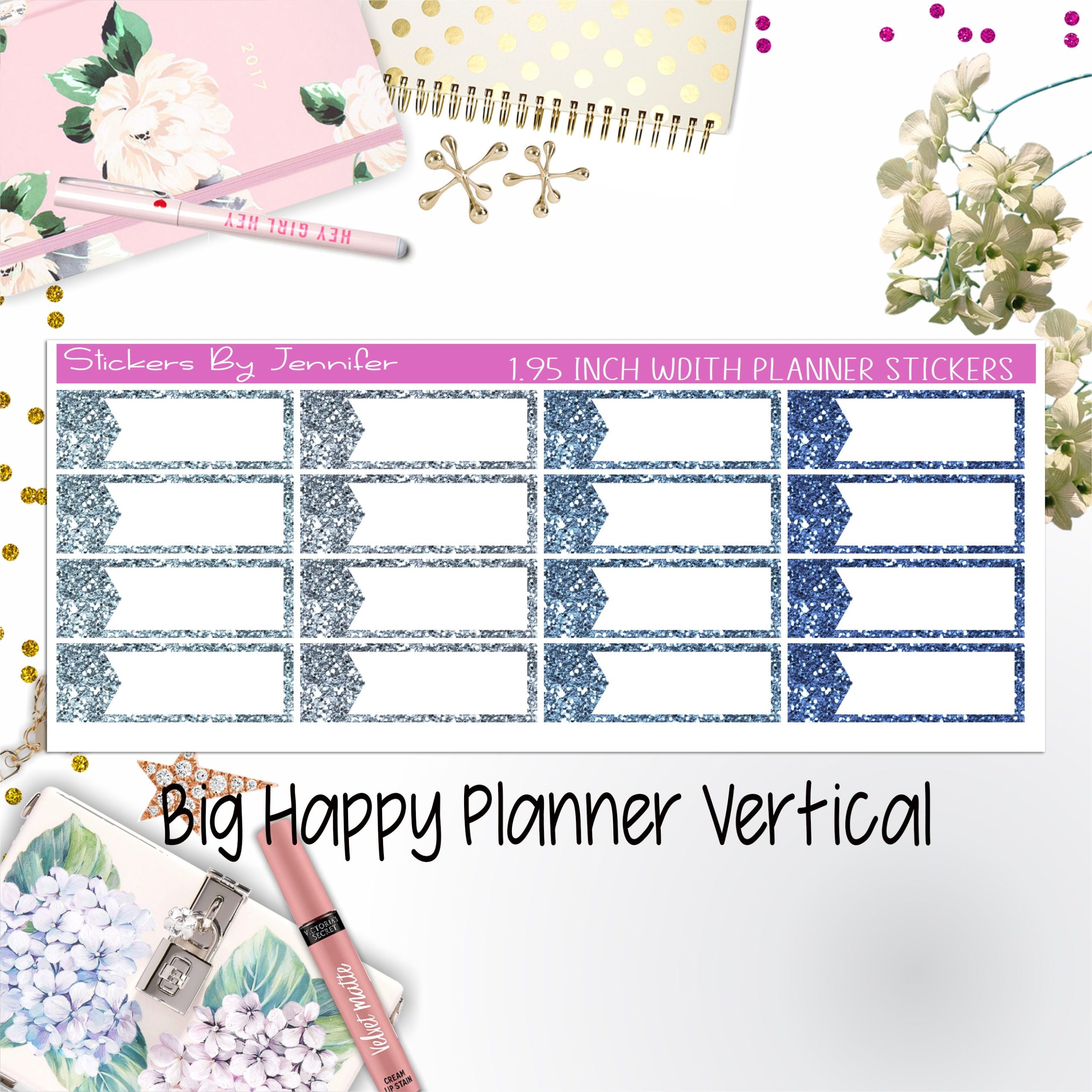 Glitter Labels 1.95 inch Width Quarter Boxes 054 for Big Happy Planner Vertical Planner Stickers