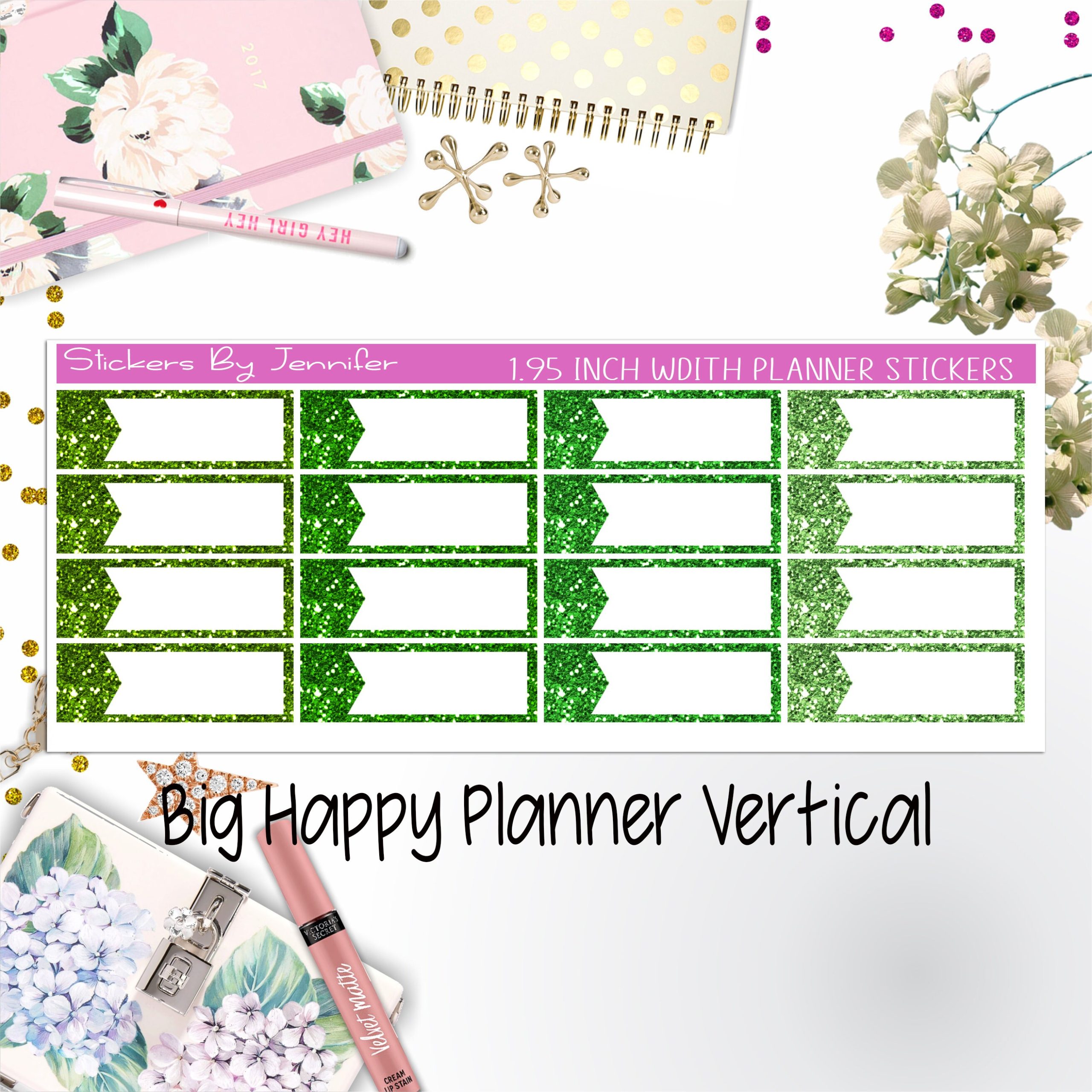 Glitter Labels 1.95 inch Width Quarter Boxes 059 for Big Happy Planner Vertical Planner Stickers