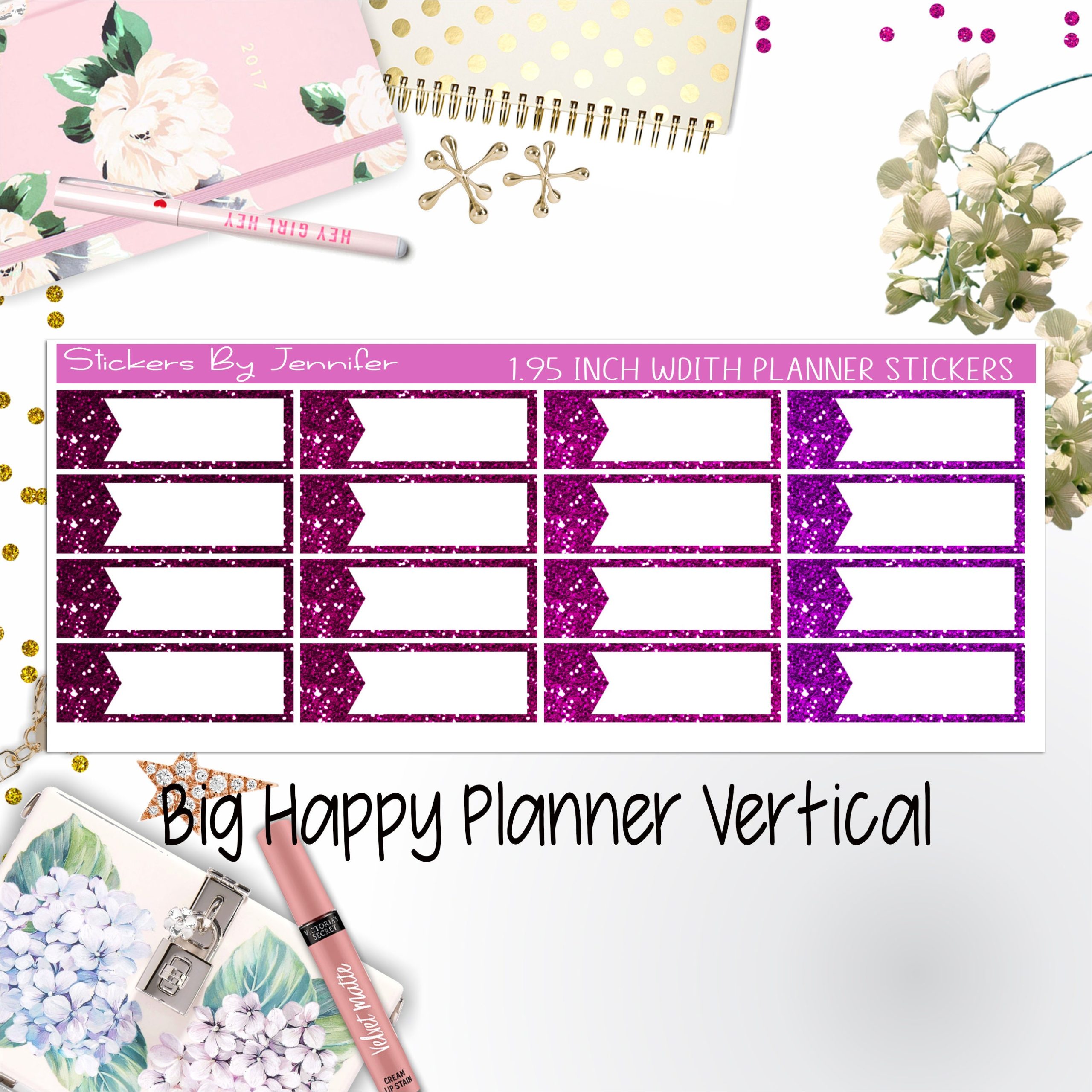 Glitter Labels 1.95 inch Width Quarter Boxes 066 for Big Happy Planner Vertical Planner Stickers